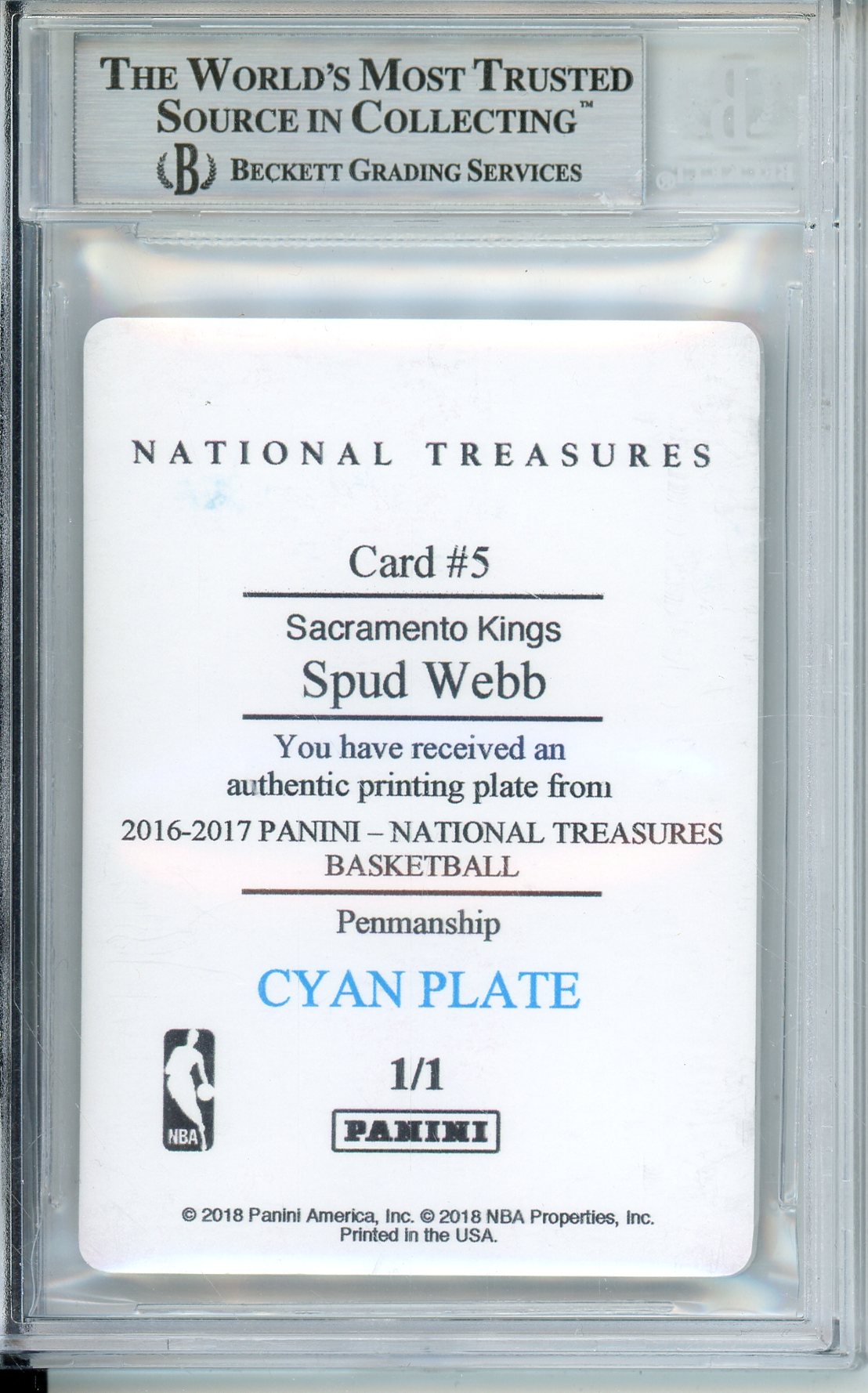 2016-17 NATIONAL TREASURES SPUD WEBB #5 PRINITNG PLATE 1/1 AUTO BECKETT