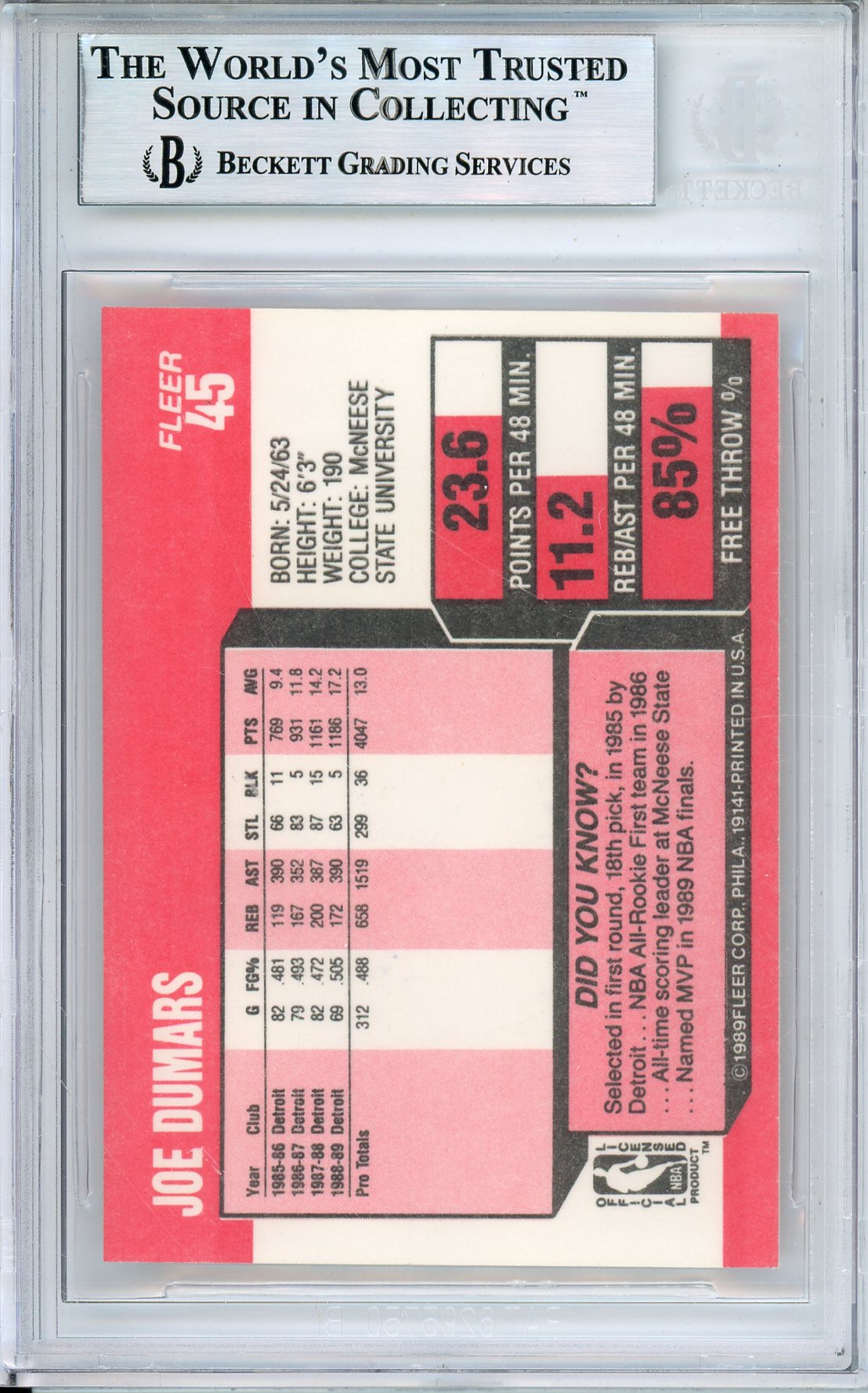 1989-90 FLEER JOE DUMARS #45 HOF AUTOGRAPH BECKETT
