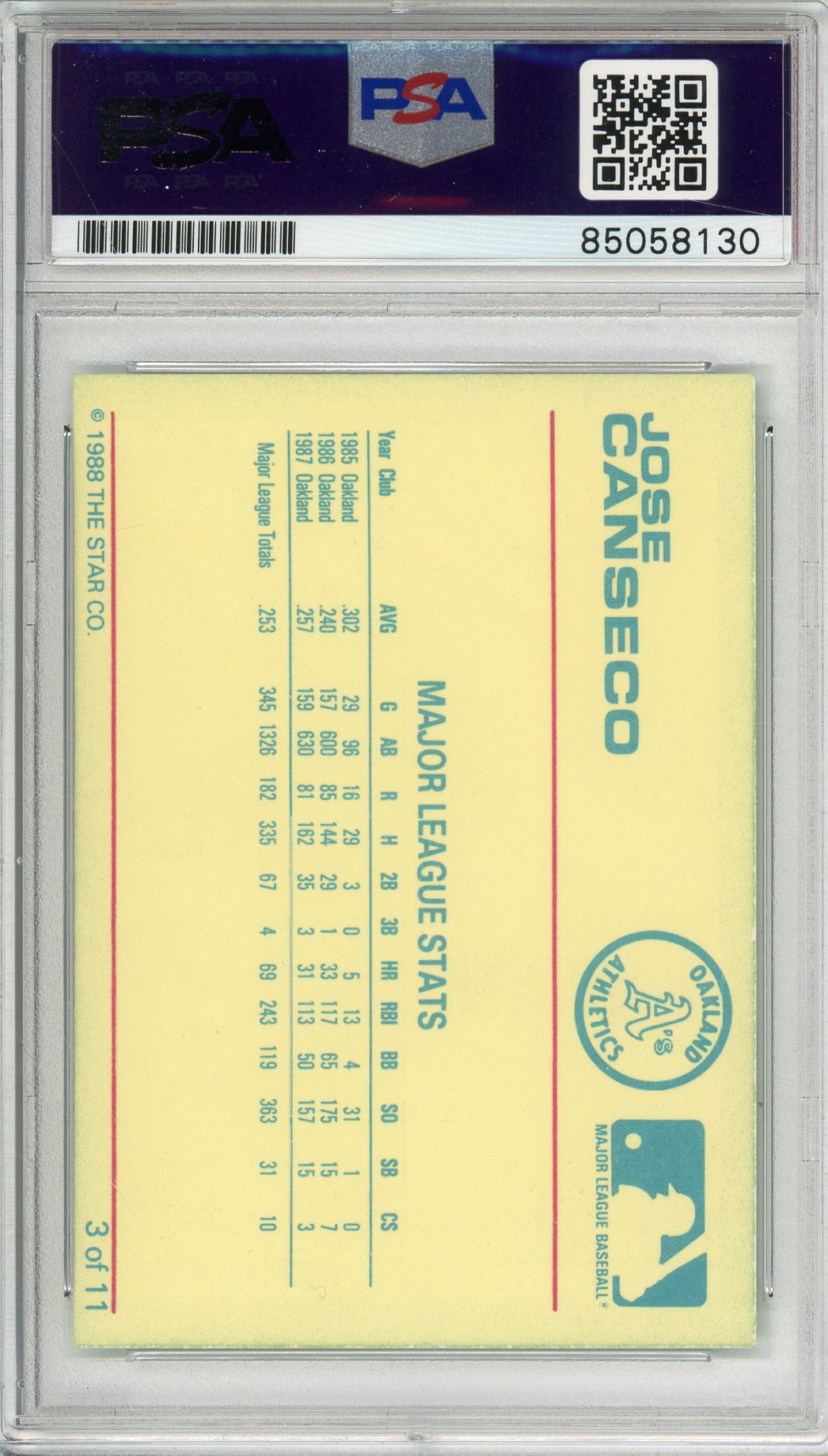 1988 STAR JOSE CANSECO #3 A'S HOF 2-TIME WORLD SERIES CHAMP PSA/DNA