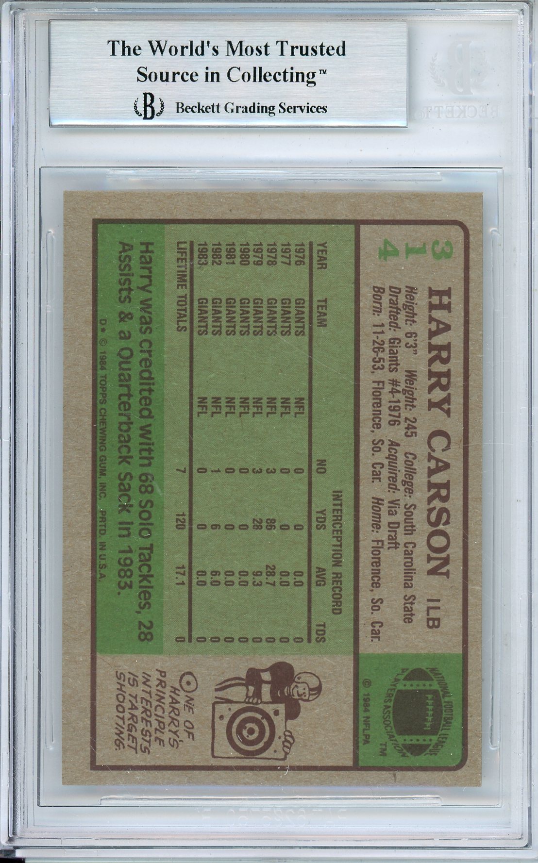 1984 TOPPS FOOTBALL HARRY CARSON #314 GIANTS HOF AUTOGRAPH BGS AUTHENTIC