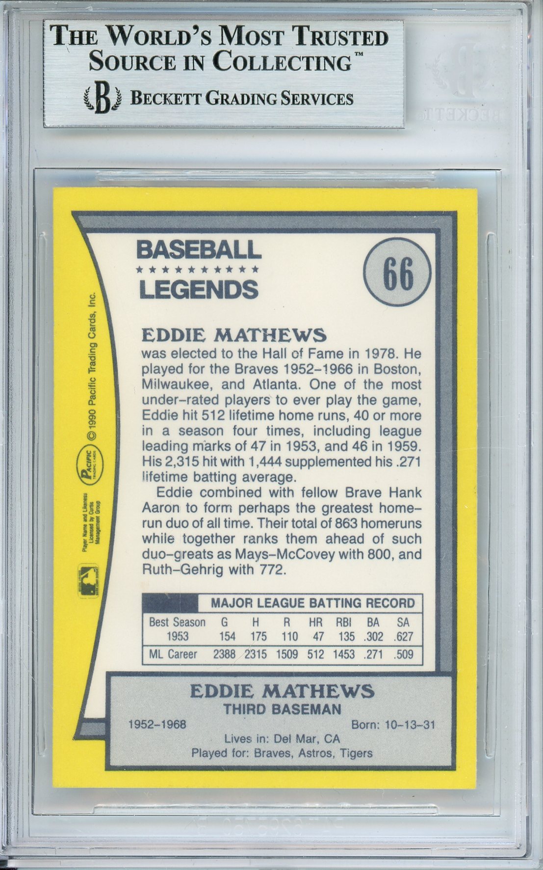1990 PACIFIC LEGENDS EDDIE MATTHEWS #66 HOF BRAVES 12-TIME ALL STAR AUTOGRAPH BECKETT