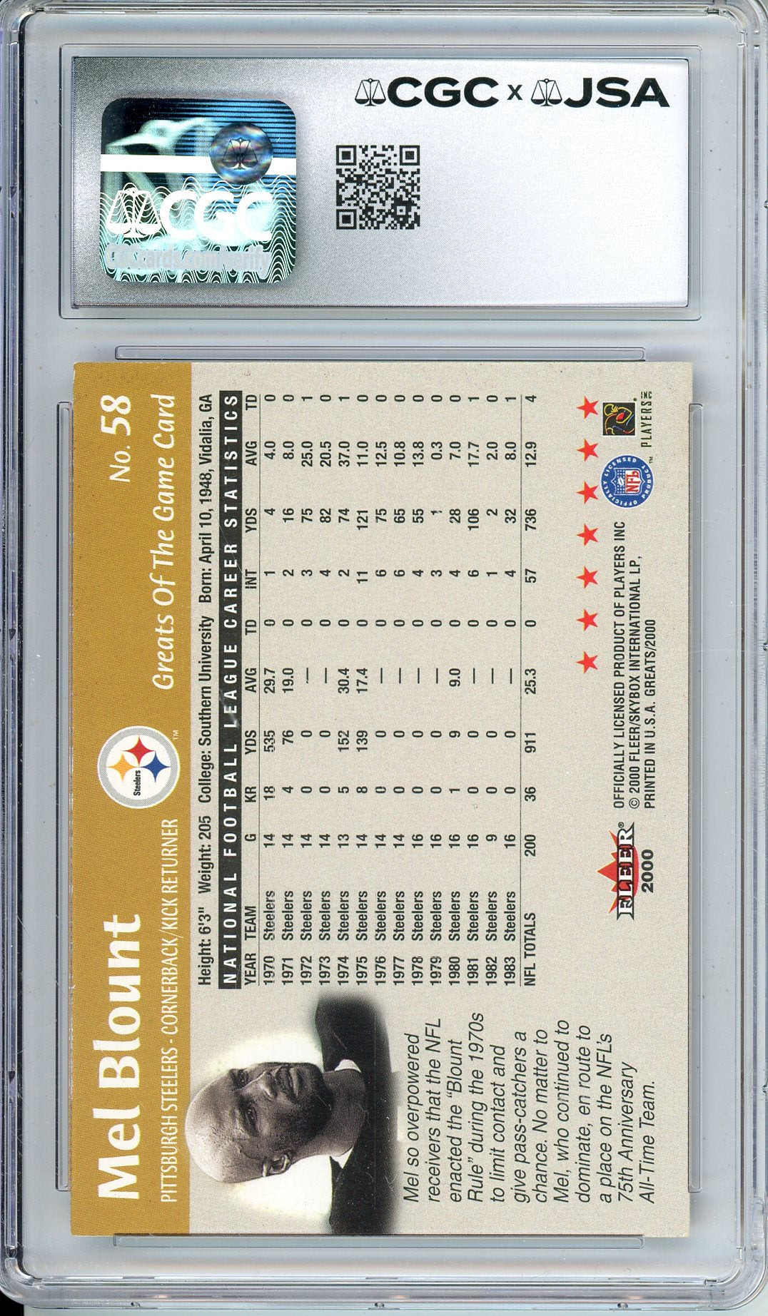2000 FLEER GREATS OF THE GAME MEL BLOUNT #58 HOF AUTOGRAPH CGC 8.5 AUTO GRADE 9