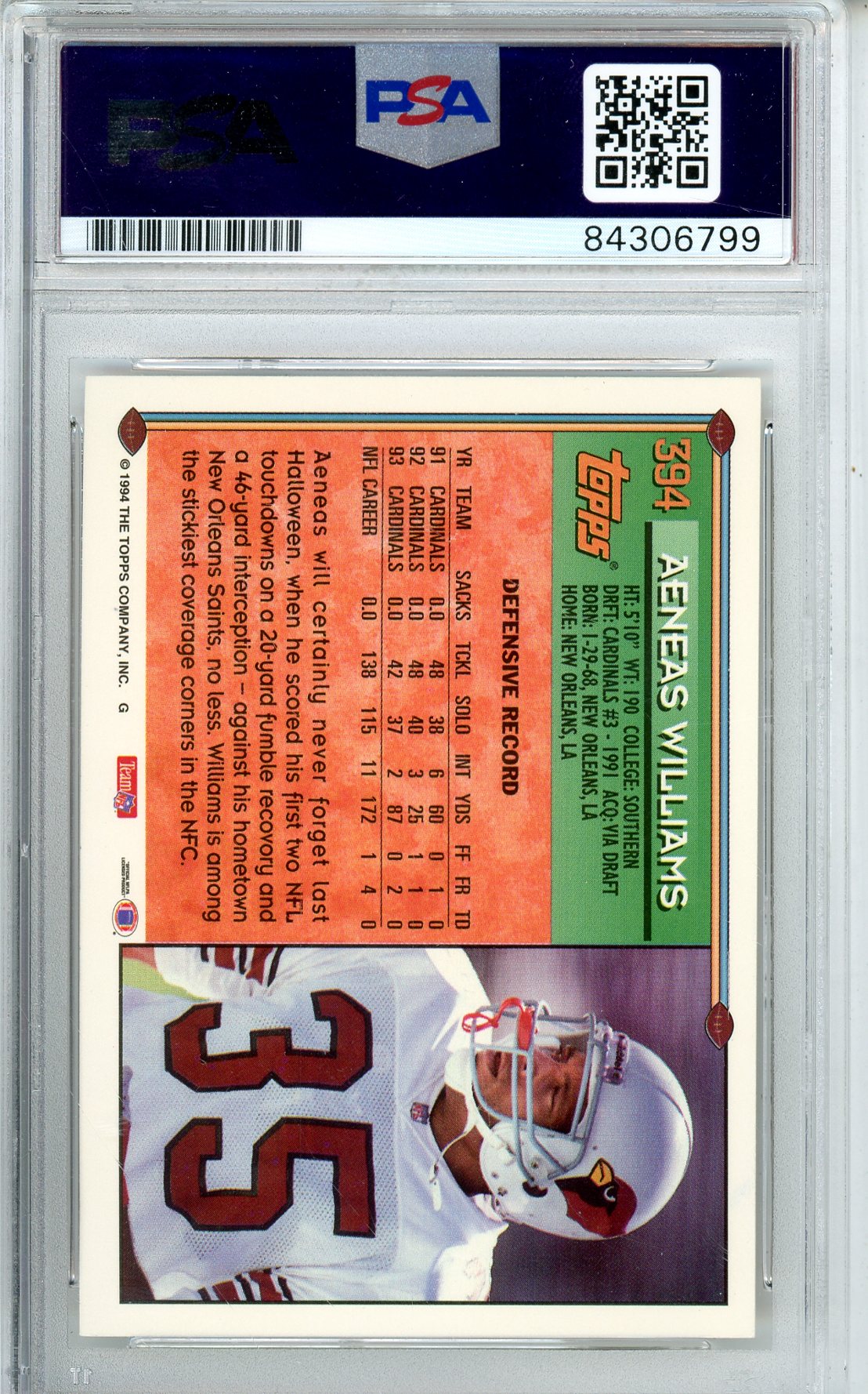 1994 TOPPS FOOTBALL - AENEAS WILLIAMS #394 CARDINALS HOF AUTOGRAPH PSA/DNA AUTHENTIC AUTO