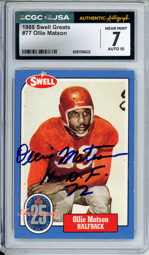 1988 SWELL GREATS OLLIE MATSON #77 HOF AUTOGRAPH CGC 7 AUTO GRADE 10
