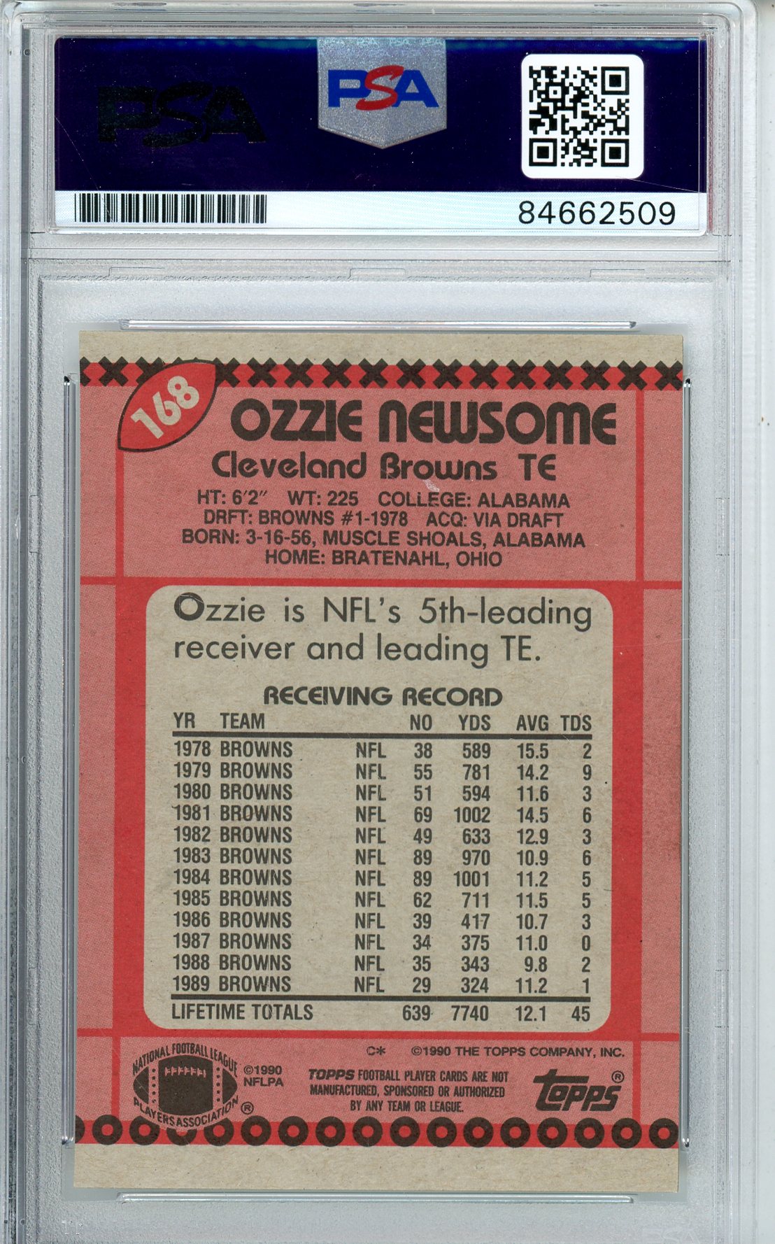 1990 TOPPS FOOTBALL - OZZIE NEWSOME #168 BROWNS HOF AUTOGRAPH PSA/DNA AUTO GRADE GEM MT 10 (509)