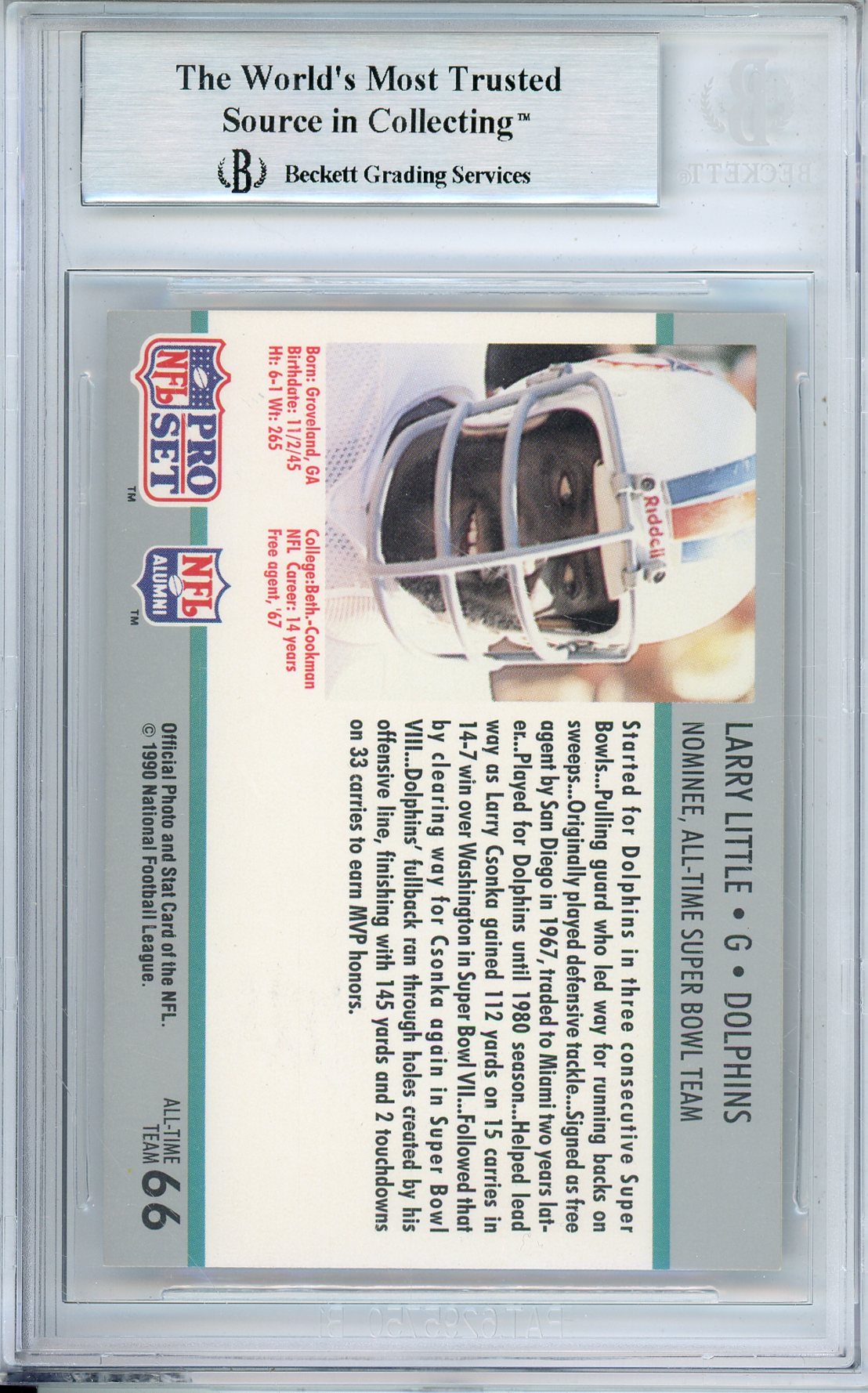 1990-91 PRO SET SUPER BOWL 160 LARRY LITTLE #66 DOLPHINS HOF AUTOGRAPH BGS AUTHENTIC