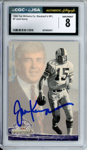 1994 TED WILLIAMS CO. JACK KEMP #7 FOOTBALL AUTOGRAPH CGC 8