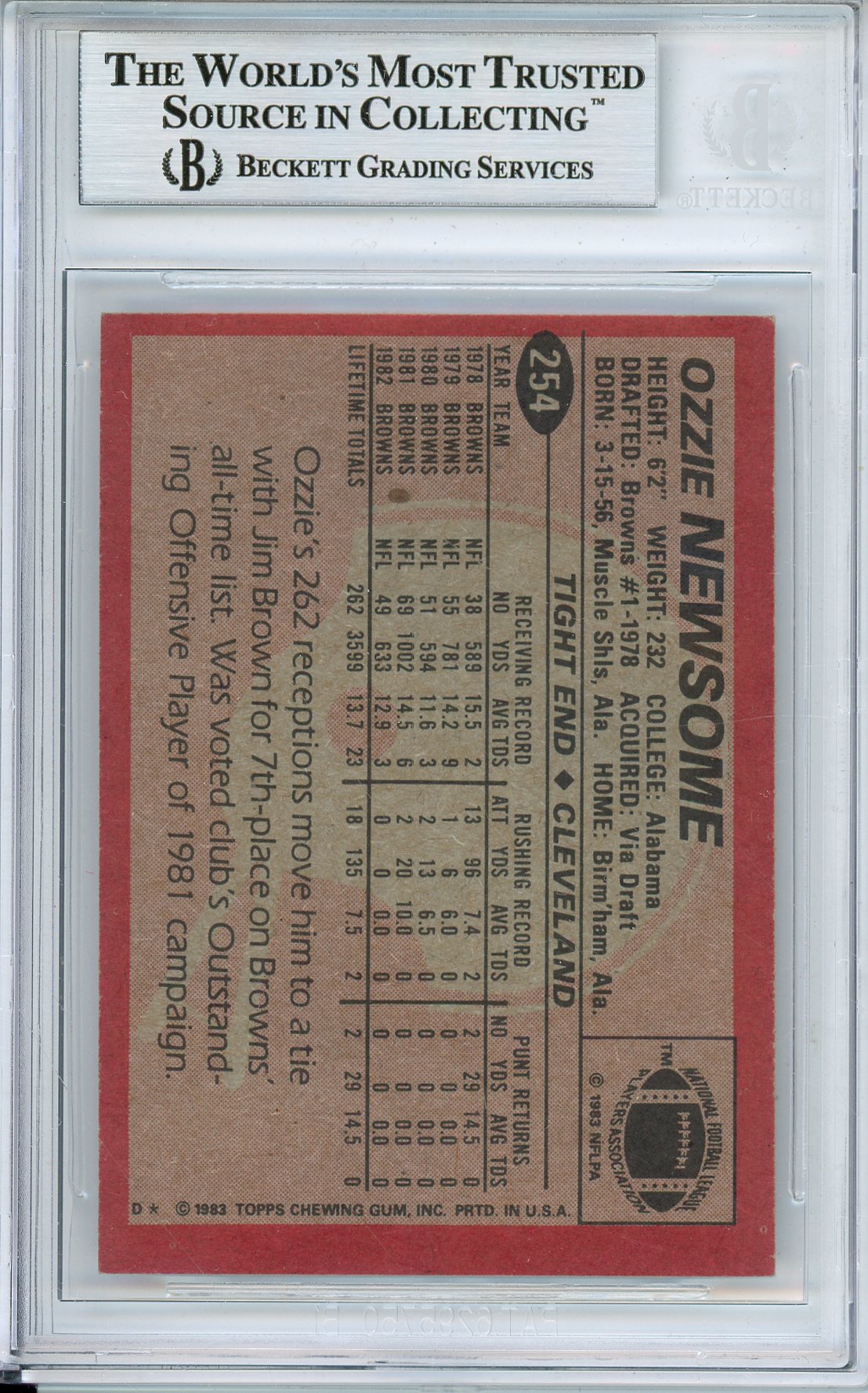1983 TOPPS OZZIE NEWSOME #254 HOF BROWNS AUTOGRAPH BGS AUTHENTIC