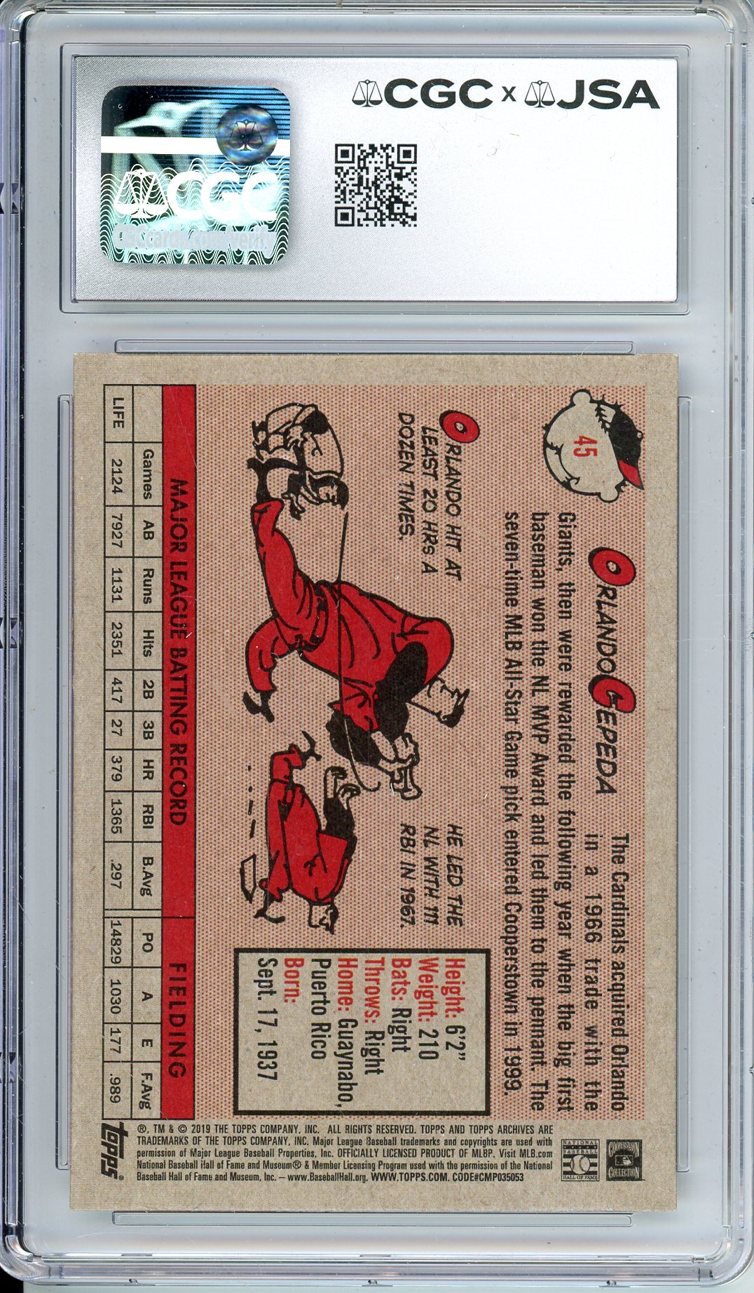 2019 TOPPS ARCHIVES ORLANDO CEPEDA #45 HOF AUTOGRAPH CGC 10