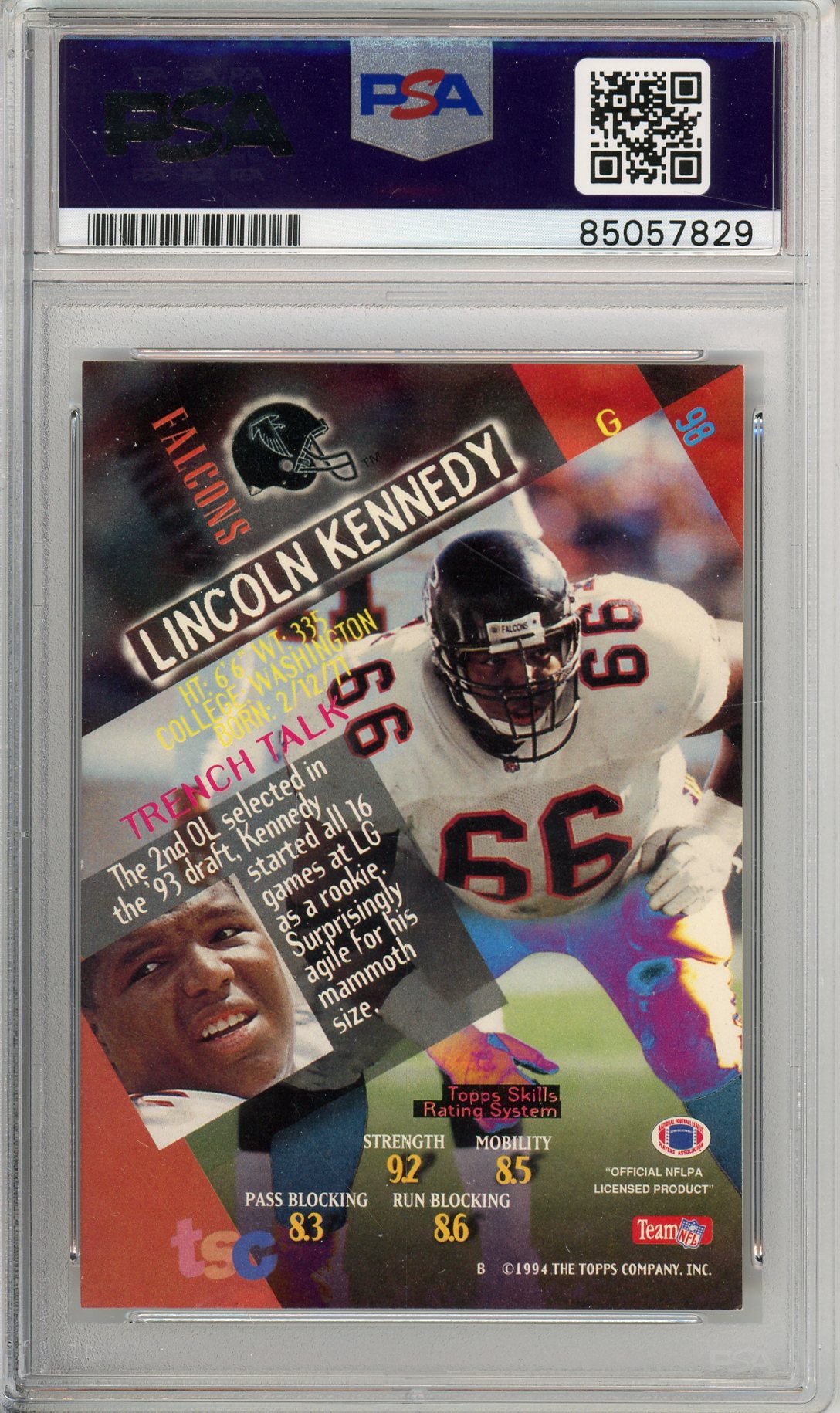 1994 TOPPS STADIUM CLUB FOOTBALL - LINCOLN KENNEDY #98 FALCONS HOF AUTO PSA/DNA AUTHENTIC AUTO