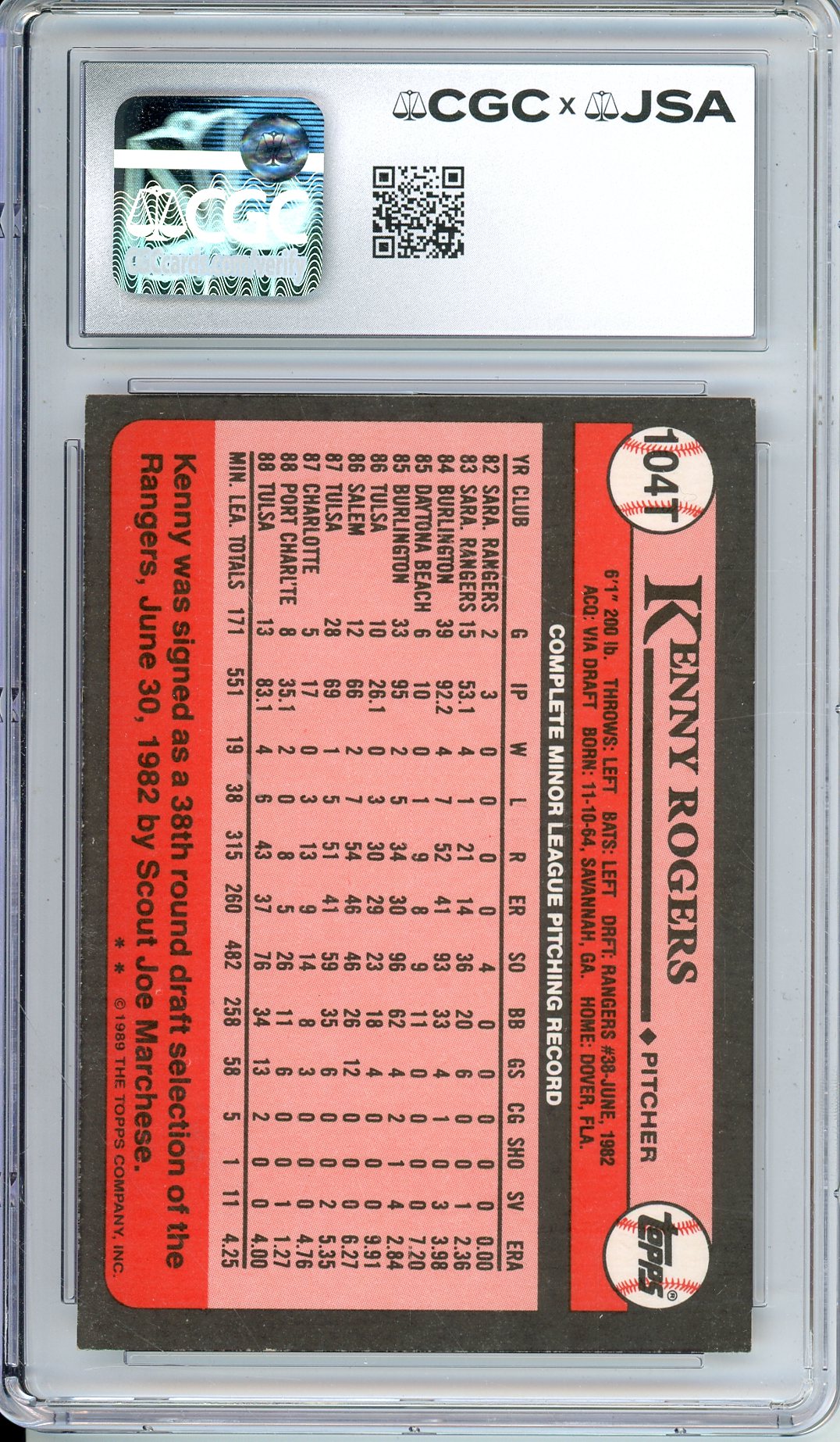 1989 TOPPS TRADED KENNY ROGERS #104T ROOKIE PERFECT GAME  AUTOGRAPH CGC 8.5