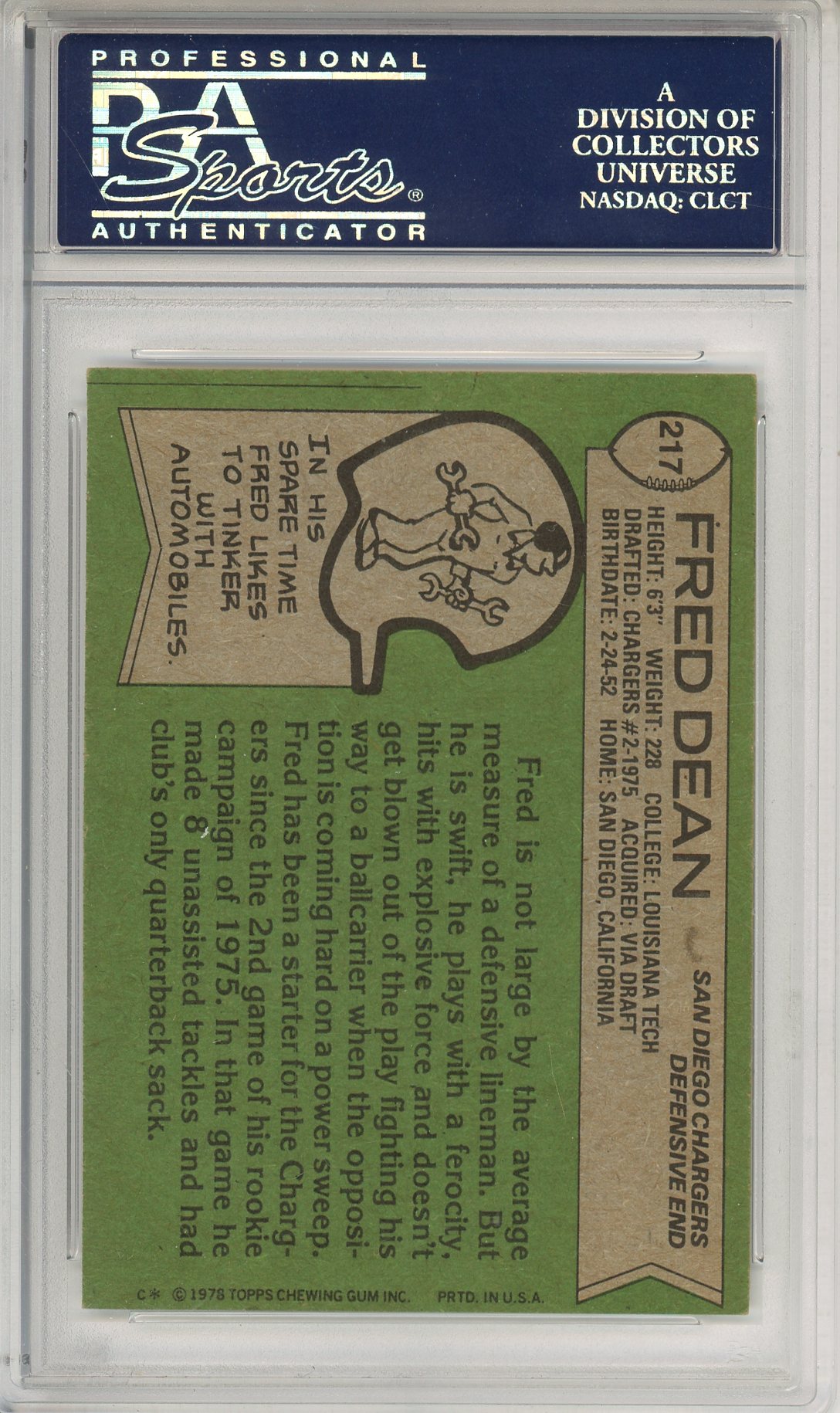 1978 TOPPS FOOTBALL - FRED DEAN #217 CHARGERS HOF AUTOGRAPH PSA/DNA EX 5.5