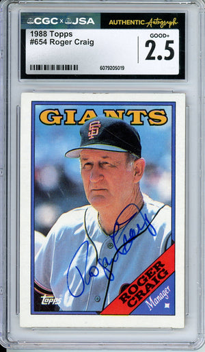 1988 TOPPS ROGER CRAIG #654 4-TIME WS CHAMP AUTOGRAPH CGC 2.5