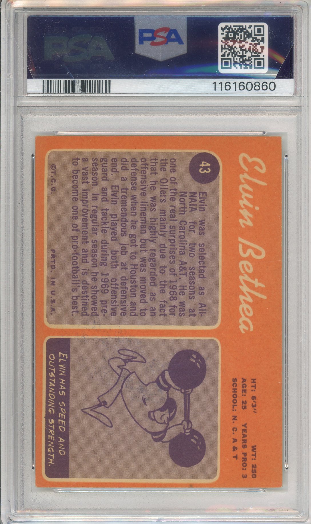 1970 TOPPS FOOTBALL - ELVIN BETHEA #43 OILERS AUTOGRAPH PSA/DNA AUTHENTIC AUTO 'HOF 2003 INSCRIPTION