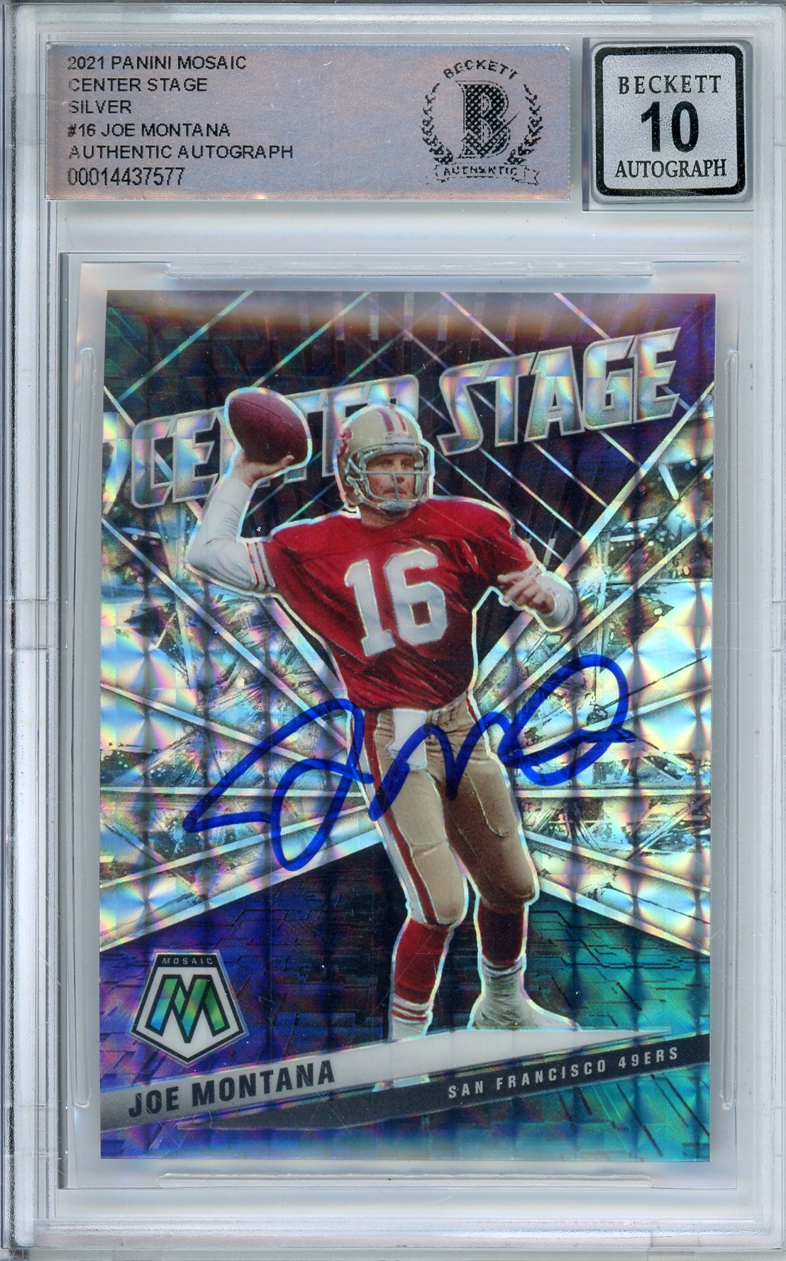 2021 PANINI MOSAIC CENTER STAGE SILVER JOE MONTANA #16 49ERS HOF AUTO BECKETT 10 AUTOGRAPH