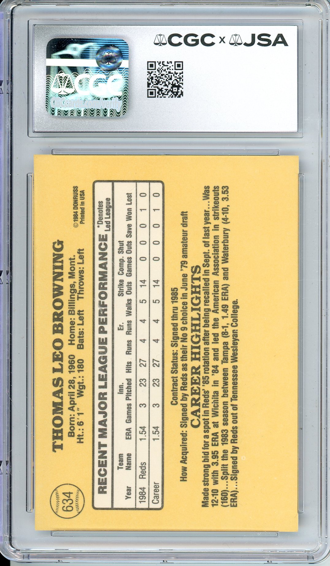 1985 DONRUSS TOM BROWNING #634 PERFECT GAME AUTOGRAPH CGC 8