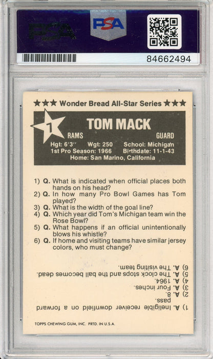 1975 Wonder Bread #7 Tom Mack Los Angeles Rams NFL Football HOF AUTOGRAPH PSA/DNA AUTO GRADE GEM MT 10