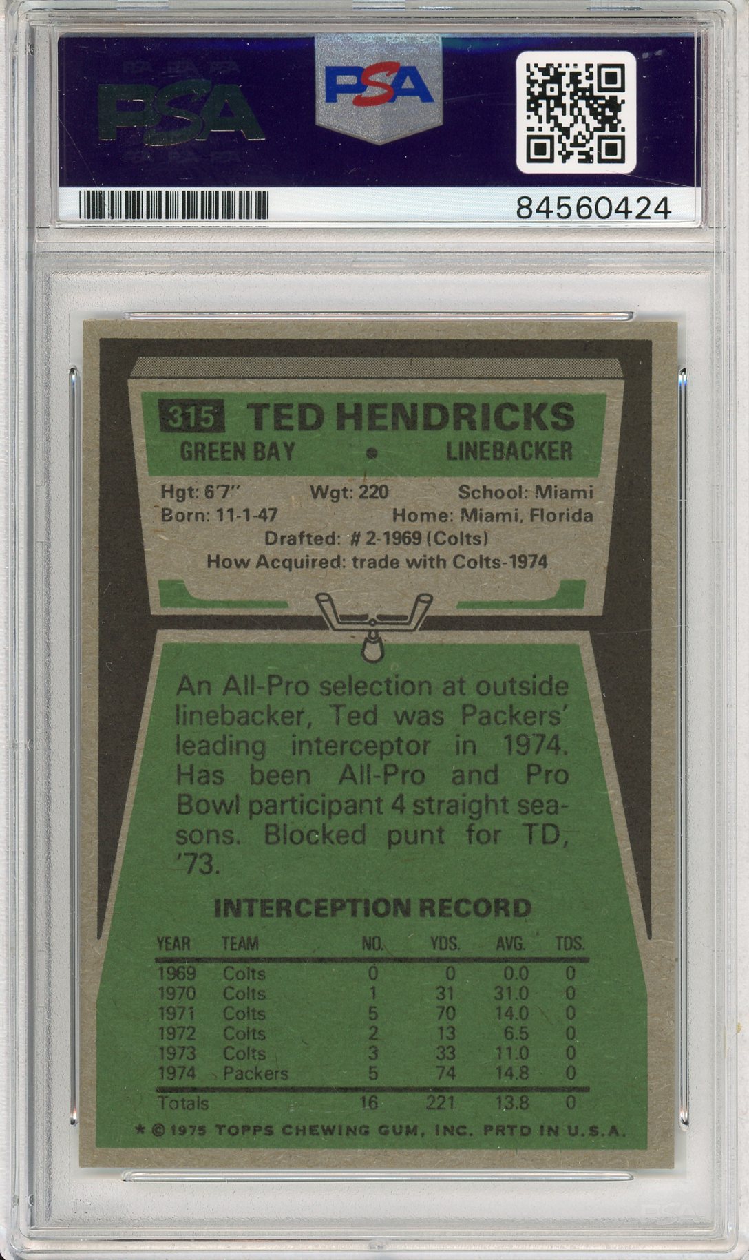 1975 TOPPS FOOTBALL - TED HENDRICKS #315 PACKERS HOF AUTOGRAPH PSA/DNA AUTO GRADE 9