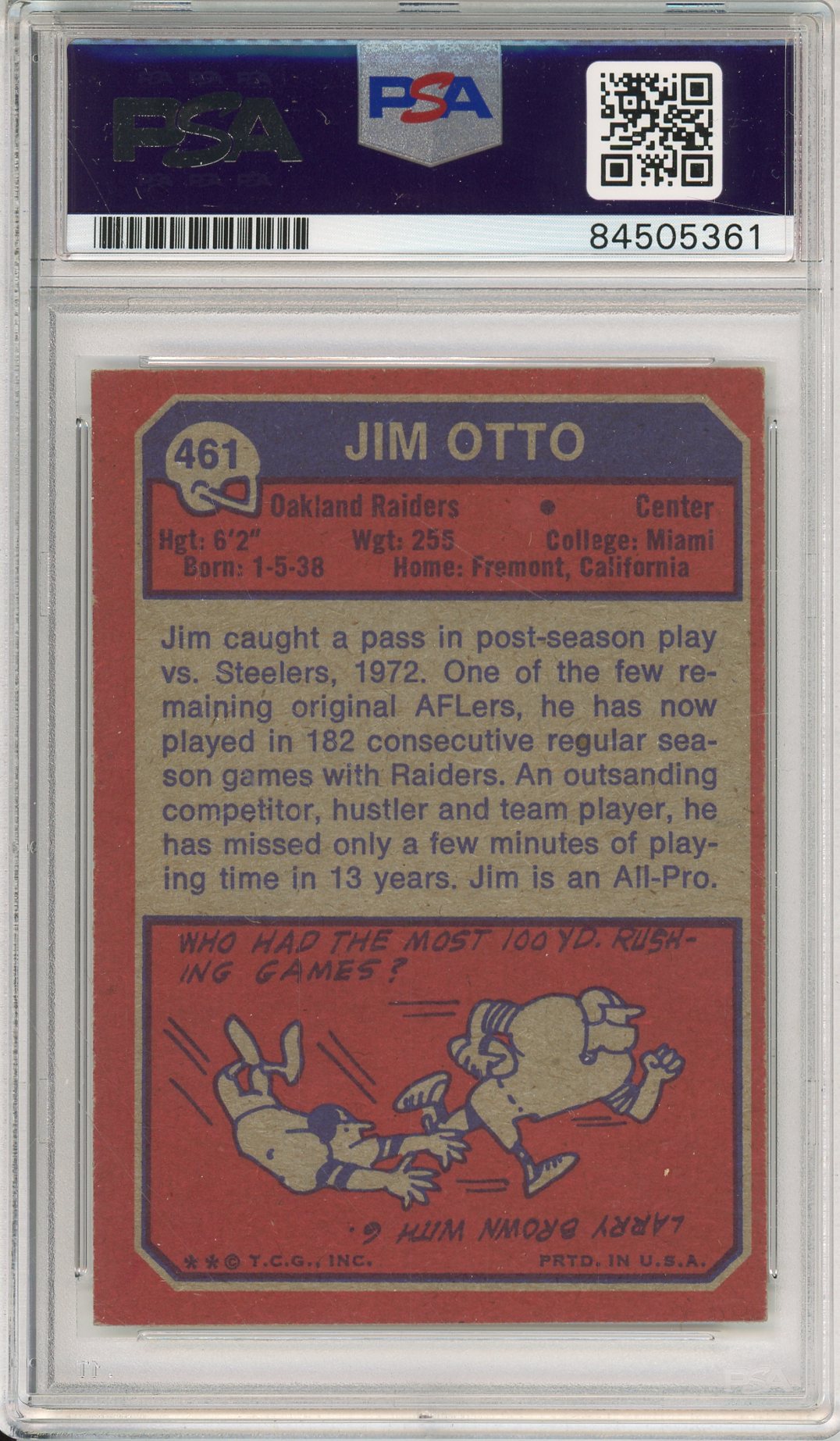 1973 TOPPS JIM OTTO #461 HOF RAIDERS 9-TIME ALL AFL AUTOGRAPH PSA/DNA