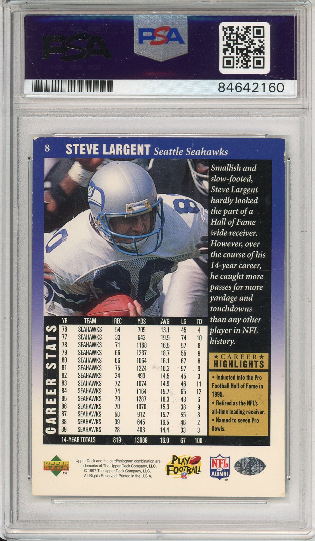 1997 UPPER DECK STEVE LARGENT #8 HOF SEAHAWKS 7-TIME ALL PRO AUTOGRAPH PSA/DNA