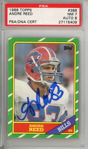 1986 TOPPS FOOTBALL - ANDRE REED #388 BILLS ROOOKIE CARD HOF AUTOGRAPH PSA/DNA NM 7 AUTO GRADE 8