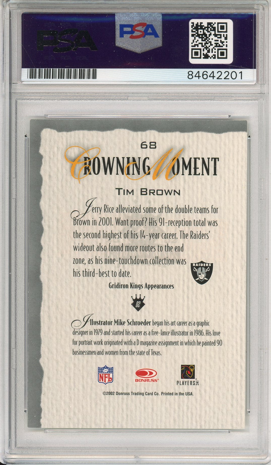 2002 DONRUSS TIM BROWN #68 HOF RAIDERS 9-TIME PRO BOWLER AUTOGRAPH PSA/DNA