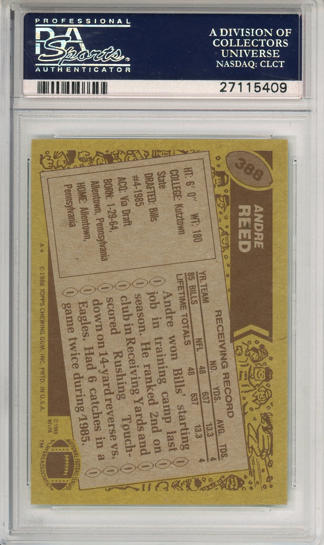 1986 TOPPS FOOTBALL - ANDRE REED #388 BILLS ROOOKIE CARD HOF AUTOGRAPH PSA/DNA NM 7 AUTO GRADE 8