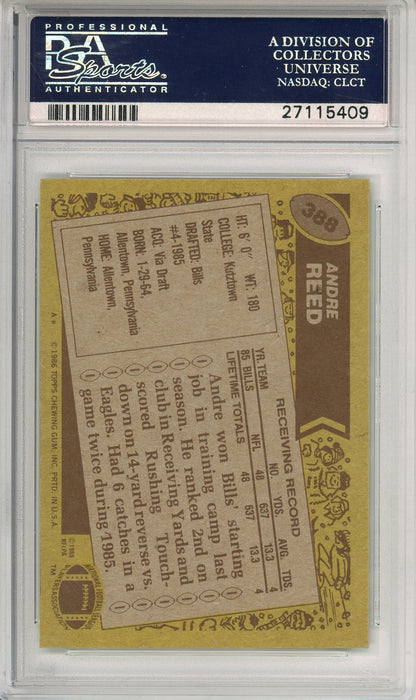 1986 TOPPS FOOTBALL - ANDRE REED #388 BILLS ROOOKIE CARD HOF AUTOGRAPH PSA/DNA NM 7 AUTO GRADE 8