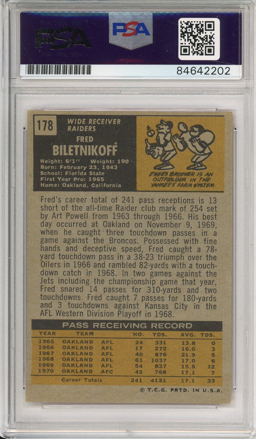 1971 TOPPS FRED BILETNIKOFF #178 HOF RAIDERS SUPER BOWL MVP AUTOGRAPH PSA/DNA