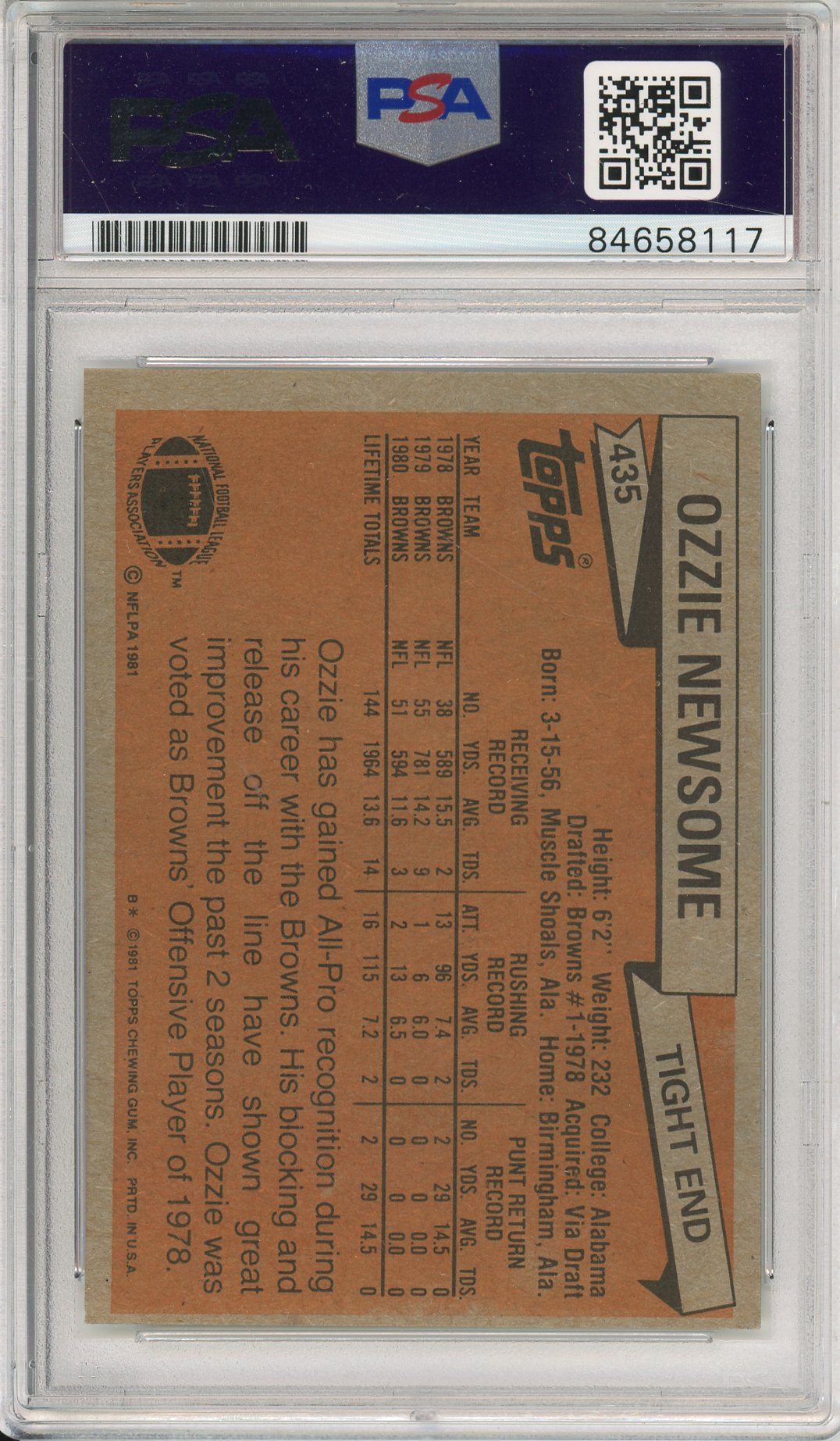 1981 TOPPS OZZIE NEWSOME #435 HOF BROWNS 7-TIME ALL PRO AUTOGRAPH PSA/DNA