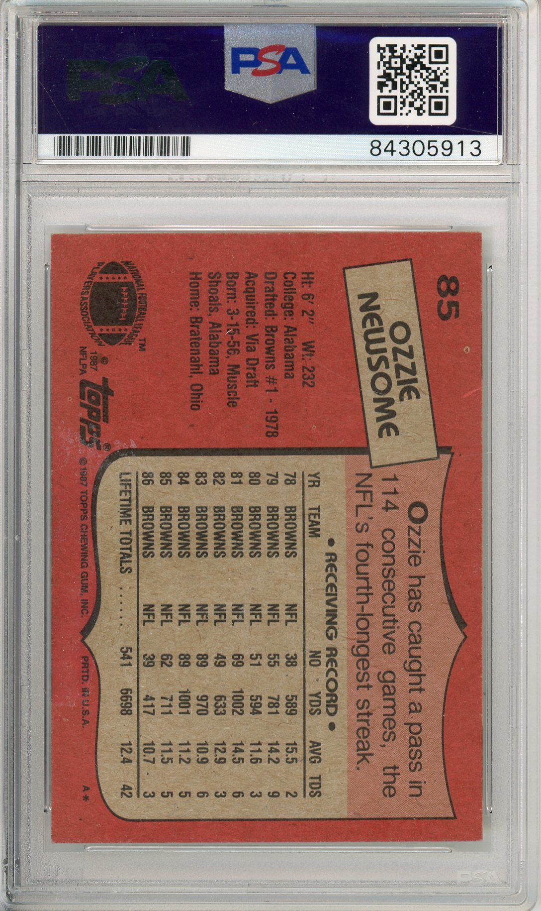 1987 TOPPS FOOTBALL - OZZIE NEWSOME #85 BROWNS HOF AUTOGRAPH PSA/DNA AUTHENTIC AUTO