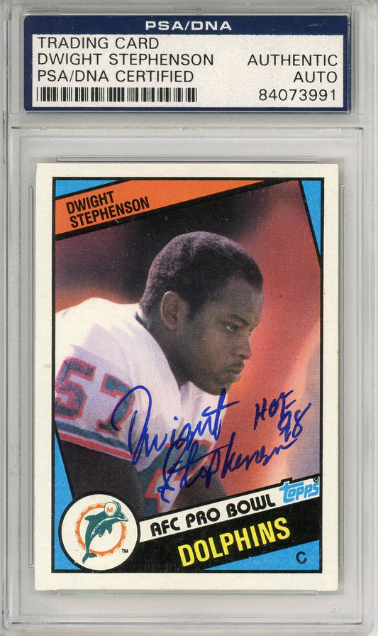 1984 TOPPS FOOTBALL DWIGHT STEPHENSON #129 ROOKIE CARD DOLPHINS HOF AUTOGRAPH W/ INSCRIPTIONS PSA/DNA AUTHENTIC AUTO