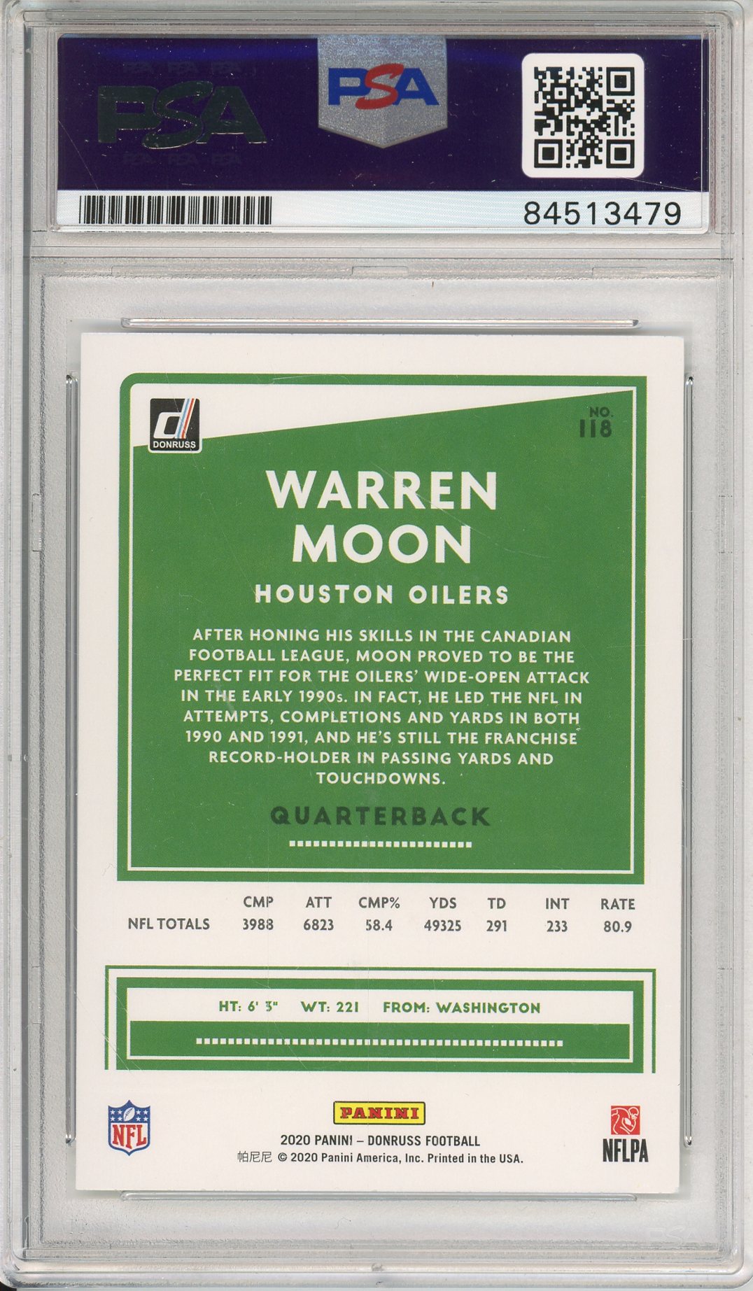 2020 PANINI DONRUSS WARREN MOON #118 HOF OILERS 9-TIME PRO BOWLER AUTOGRAPH PSA/DNA