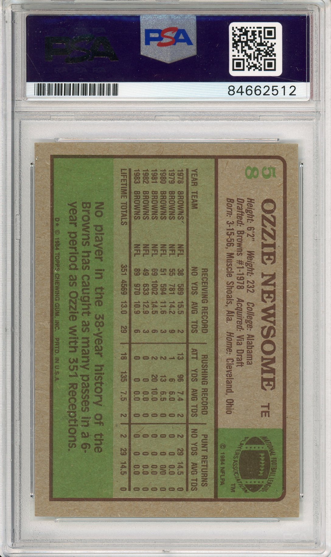 1984 TOPPS FOOTBALL - OZZIE NEWSOME BROWNS HOF AUTOGRAPH PSA/DNA AUTO GRADE GEM MT 10