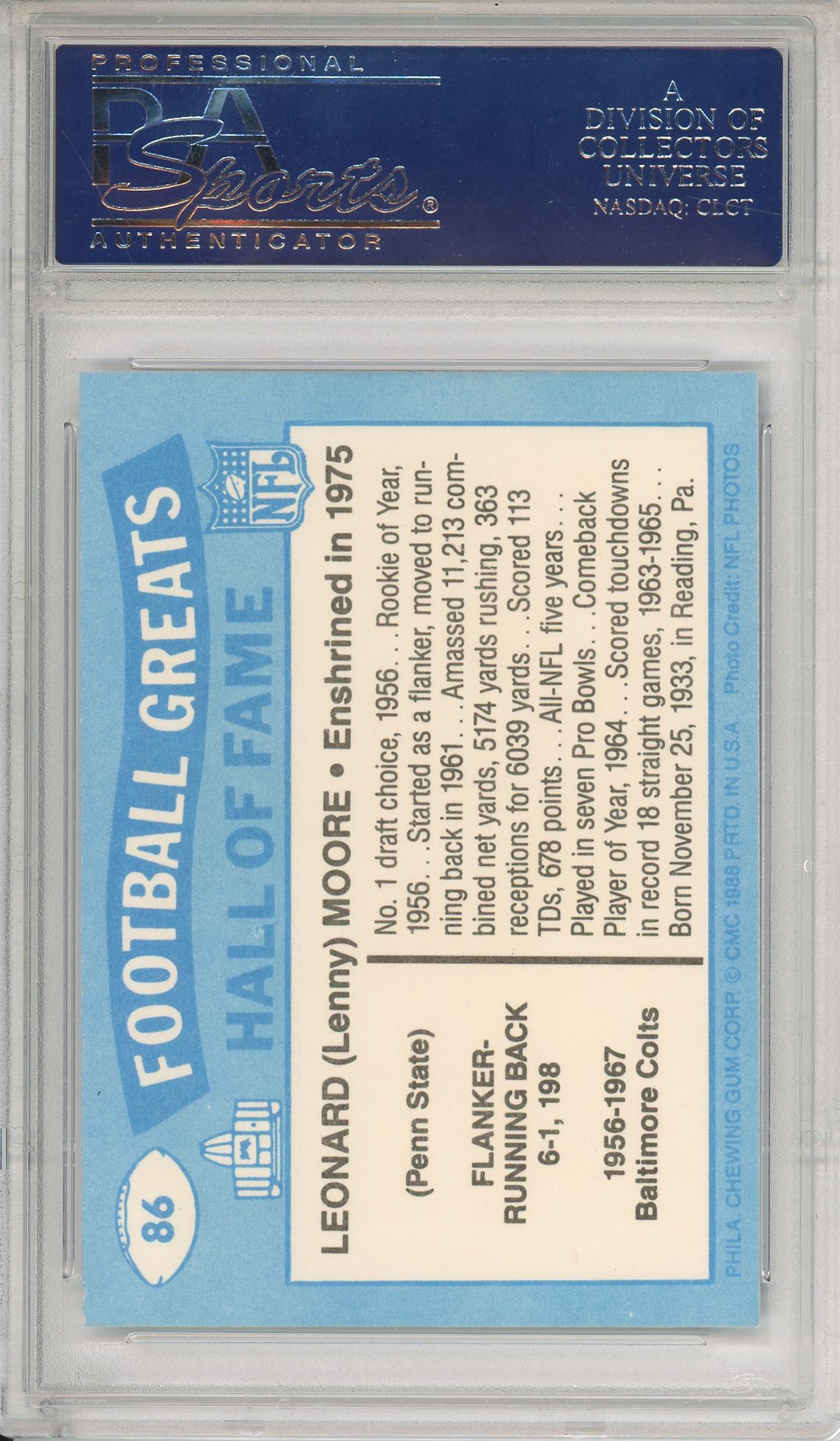 1988 SWELL GREATS LENNY MOORE #86 HOF COLTS 7-TIME ALL PRO AUTOGRAPH PSA/DNA
