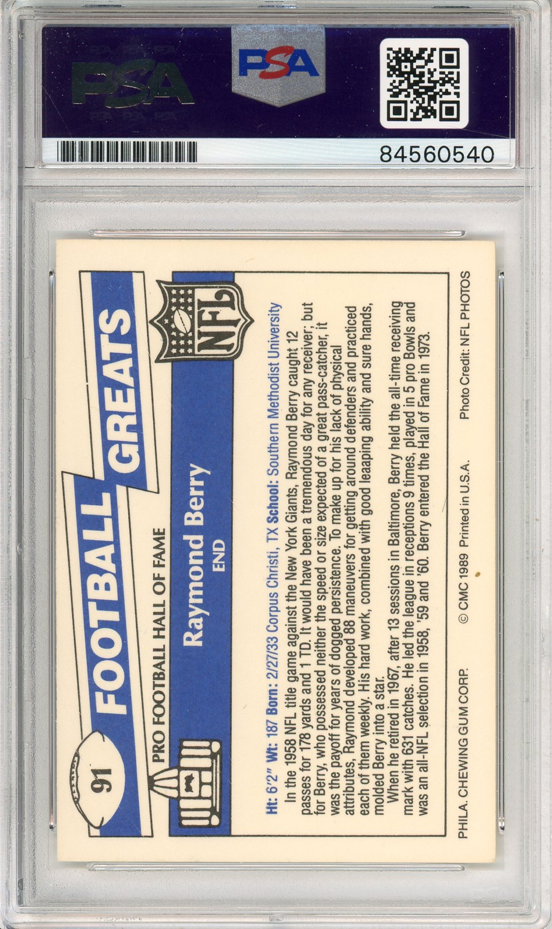 1989 SWELL FOOTBALL RAYMOND BERRY #91 FOOTBALL GREATS AUTOGRAPH PSA/DNA AUTHENTIC AUTO