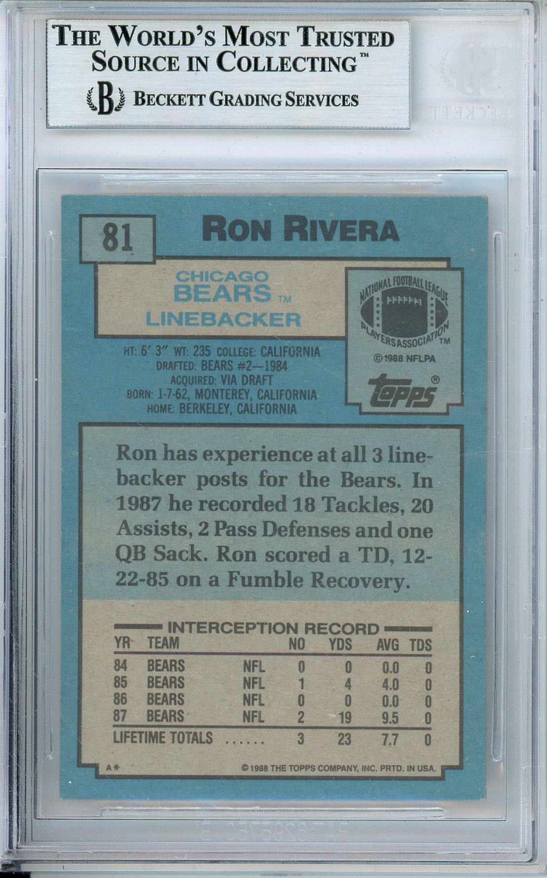 1988 TOPPS FOOTBALL RON RIVERA #81 BEARS AUTOGRAPH BGS AUTHENTIC