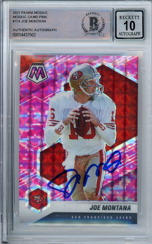 2021 PANINI MOSAIC PINK CAMO JOE MONTANA #174 HOF AUTOGRAPH BECKETT 10 AUTO