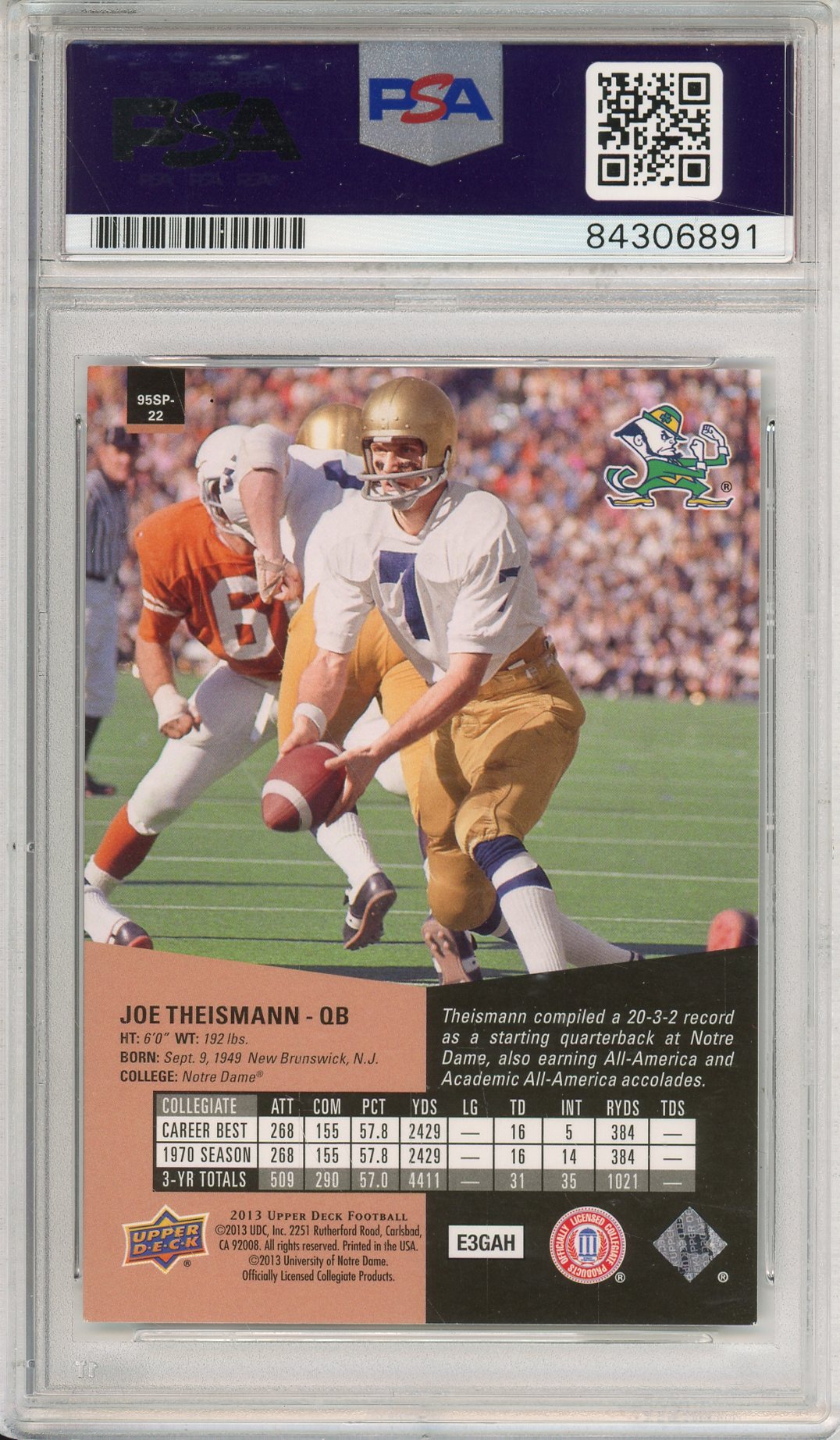 2013 UPPER DECK JOE THEISMANN #95SP-22 COLLEGE HOF NOTRE DAME MVP AUTOGRAPH PSA/DNA
