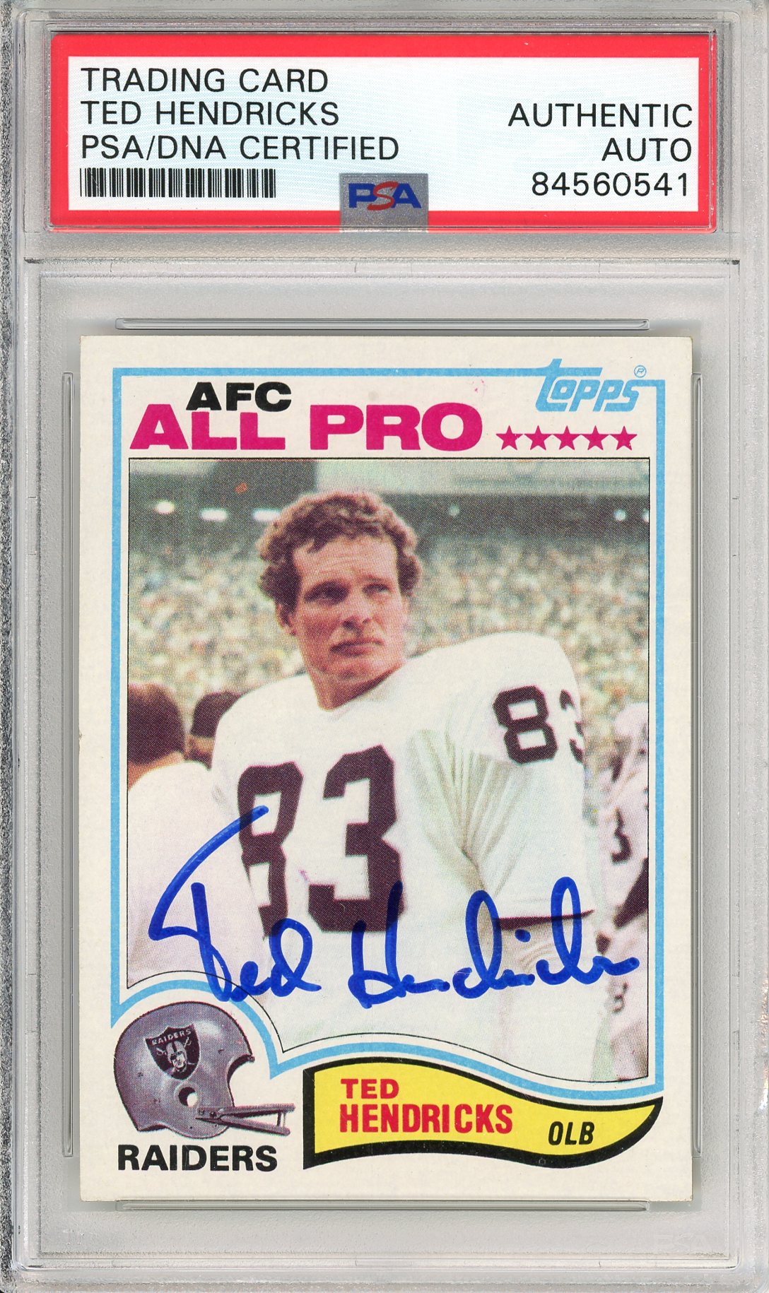 1982 TOPPS FOOTBALL TED HENDRICKS #190 AUTOGRAPHED CARD RAIDERS HOF PSA/DNA AUTHENTIC