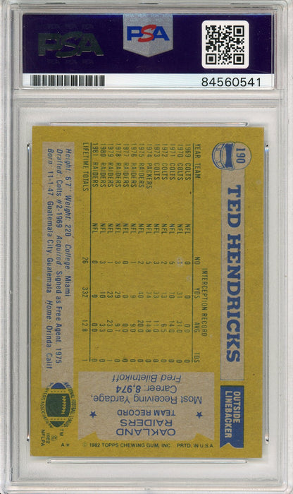 1982 TOPPS FOOTBALL TED HENDRICKS #190 AUTOGRAPHED CARD RAIDERS HOF PSA/DNA AUTHENTIC