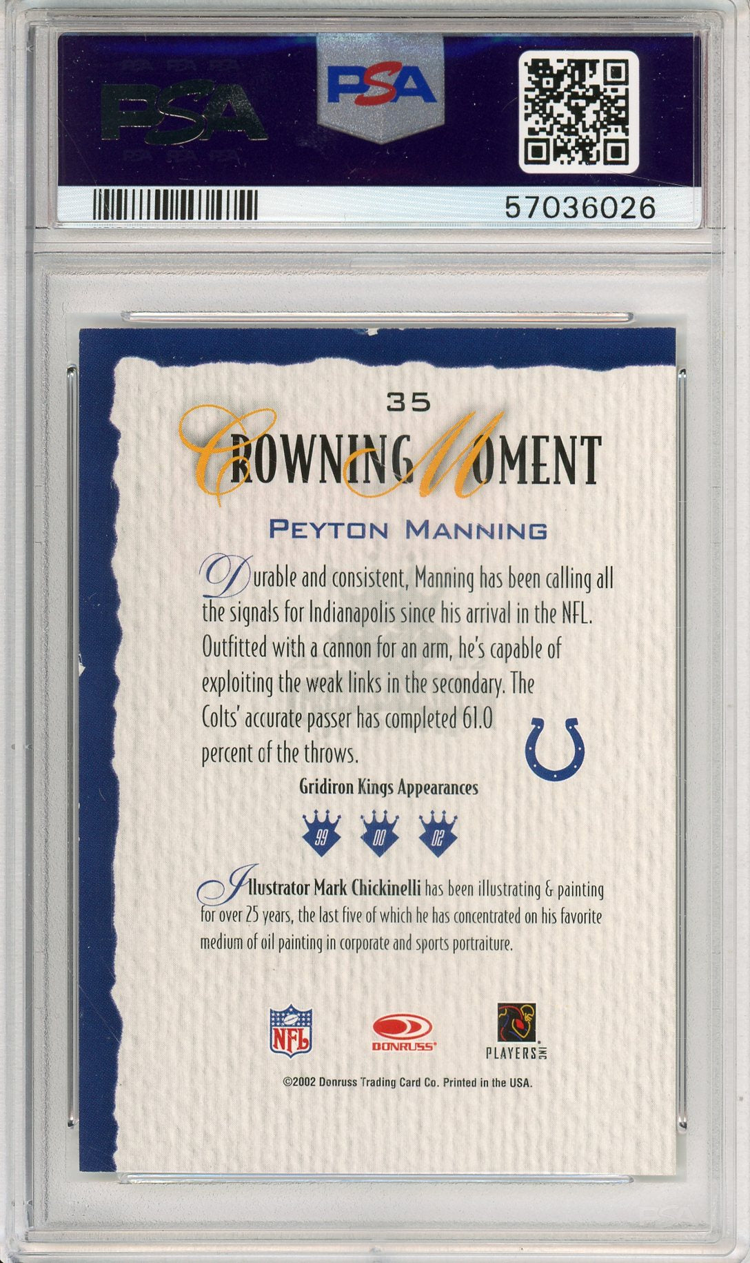 2002 DONRUSS FOOTBALL PEYTON MANNING #35 GRIDIRON KINGS COLTS HOF AUTOGRAPH PSA/DNA