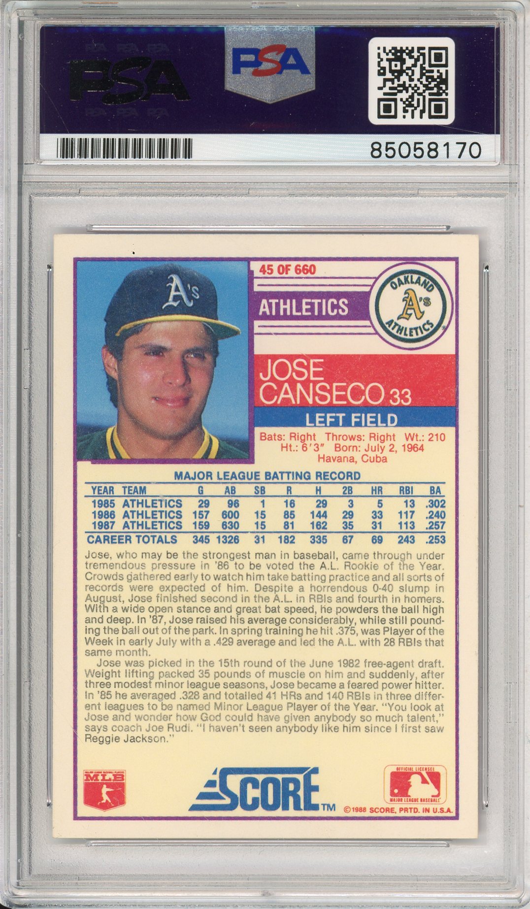 1988 SCORE JOSE CANSECO #45 A'S HOF 2-TIME CHAMP AUTOGRAPH PSA/DNA