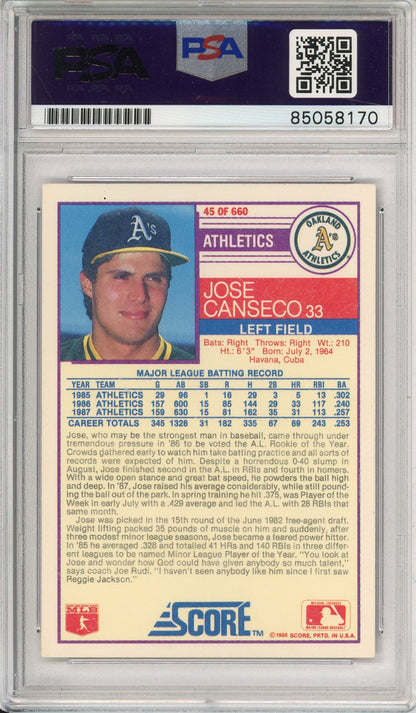 1988 SCORE JOSE CANSECO #45 A'S HOF 2-TIME CHAMP AUTOGRAPH PSA/DNA