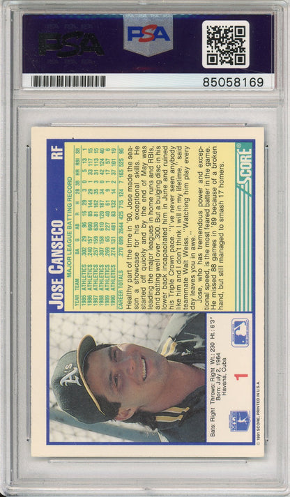 1991 SCORE JOSE CANSECO #1 A'S HOF 2-TIME CHAMP AUTOGRAPH PSA/DNA