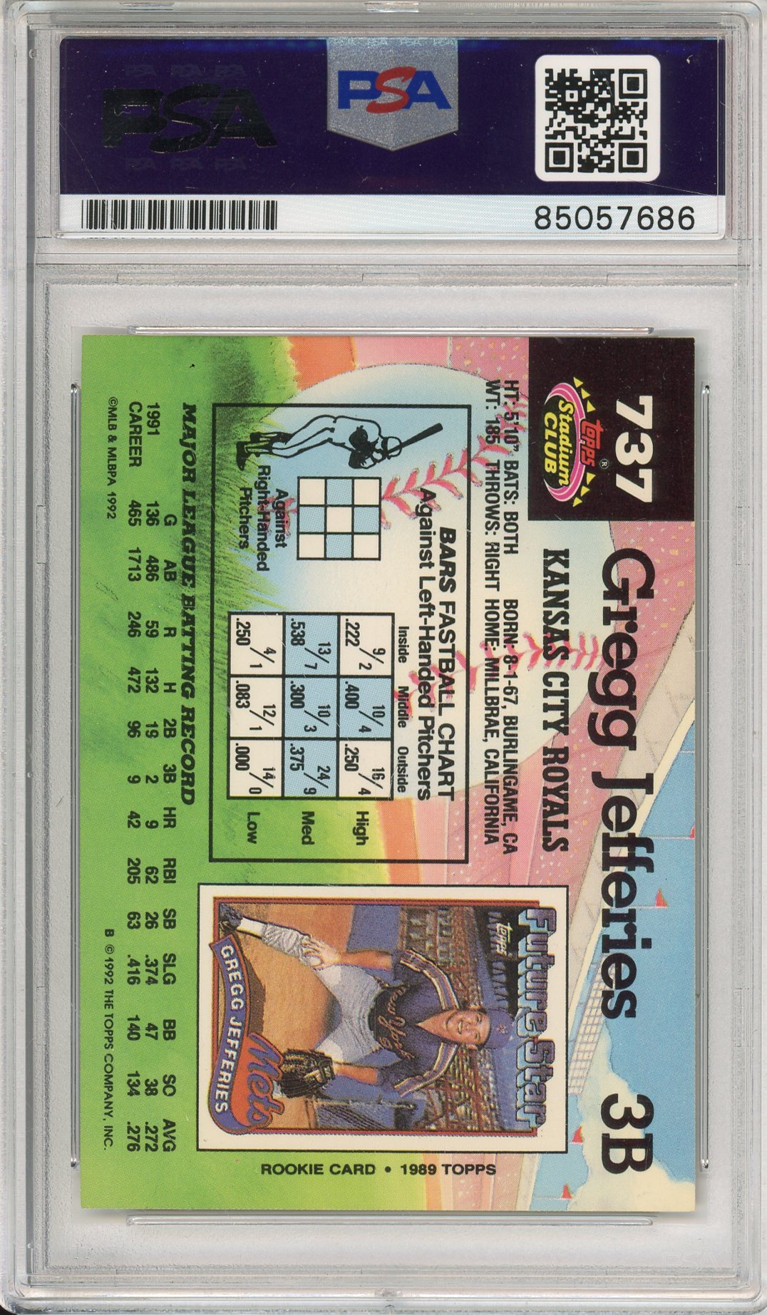 1992 TOPPS GREGG JEFFERIES #737 ROYALS 2-TIME ALL STAR AUTOGRAPH PSA/DNA