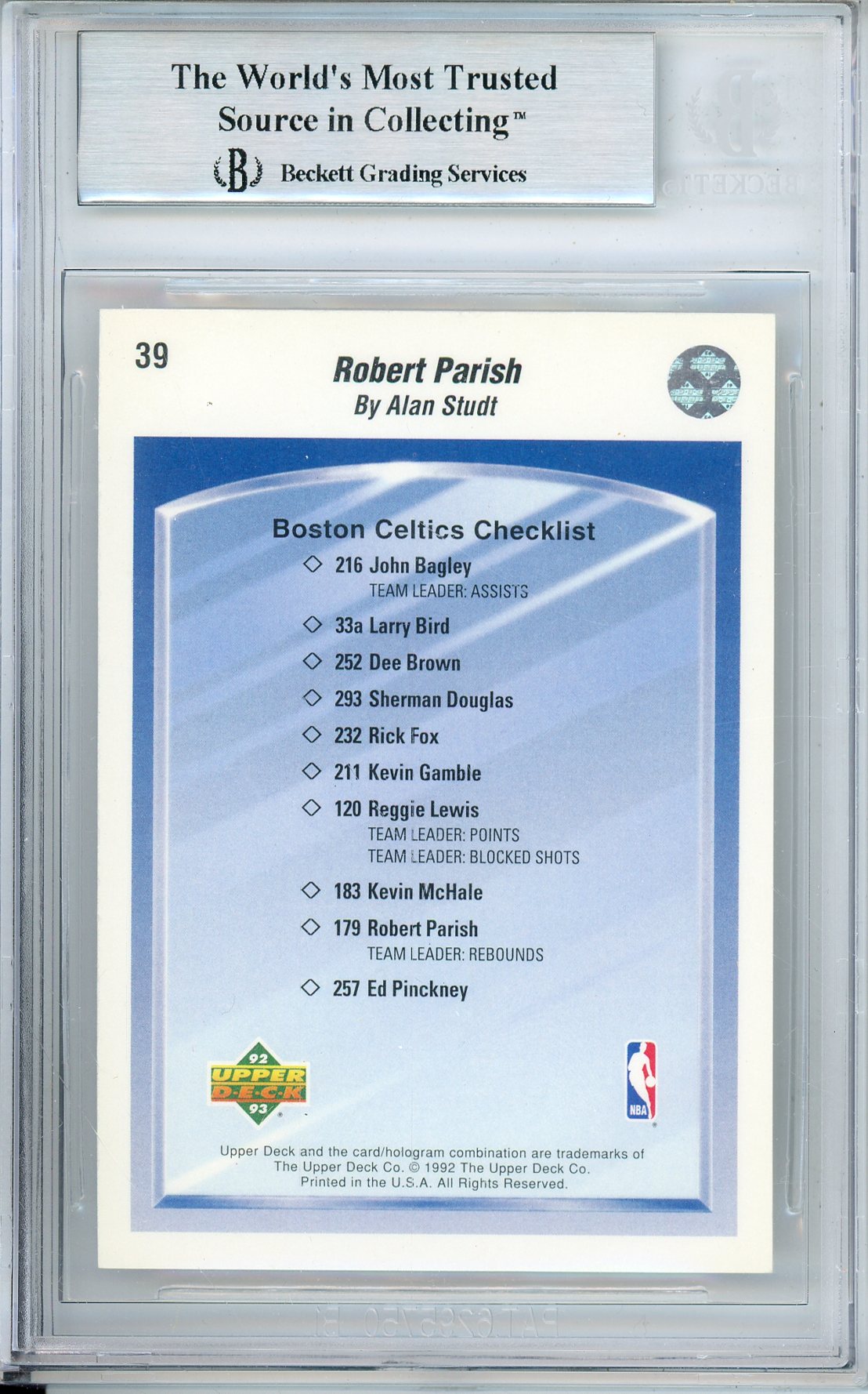 1992-93 UPPER DECK ROBERT PARISH #39 CELTICS HOF BLUE INK AUTOGRAPH BECKETT AUTHENTIC (Copy)