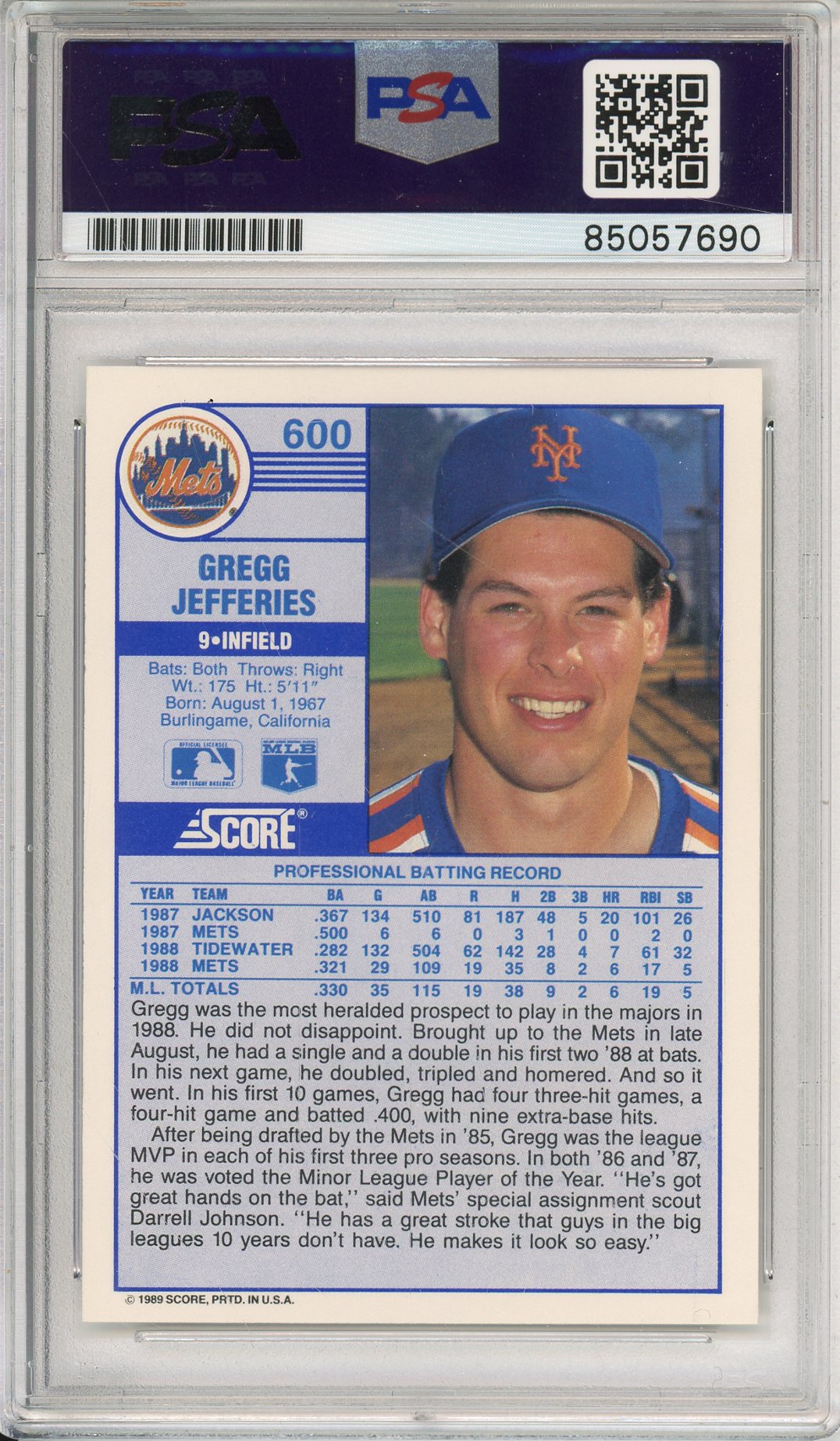 1989 SCORE GREGG JEFFERIES #600 NEW YORK METS 2-TIME ALL STAR AUTOGRAPH PSA/DNA