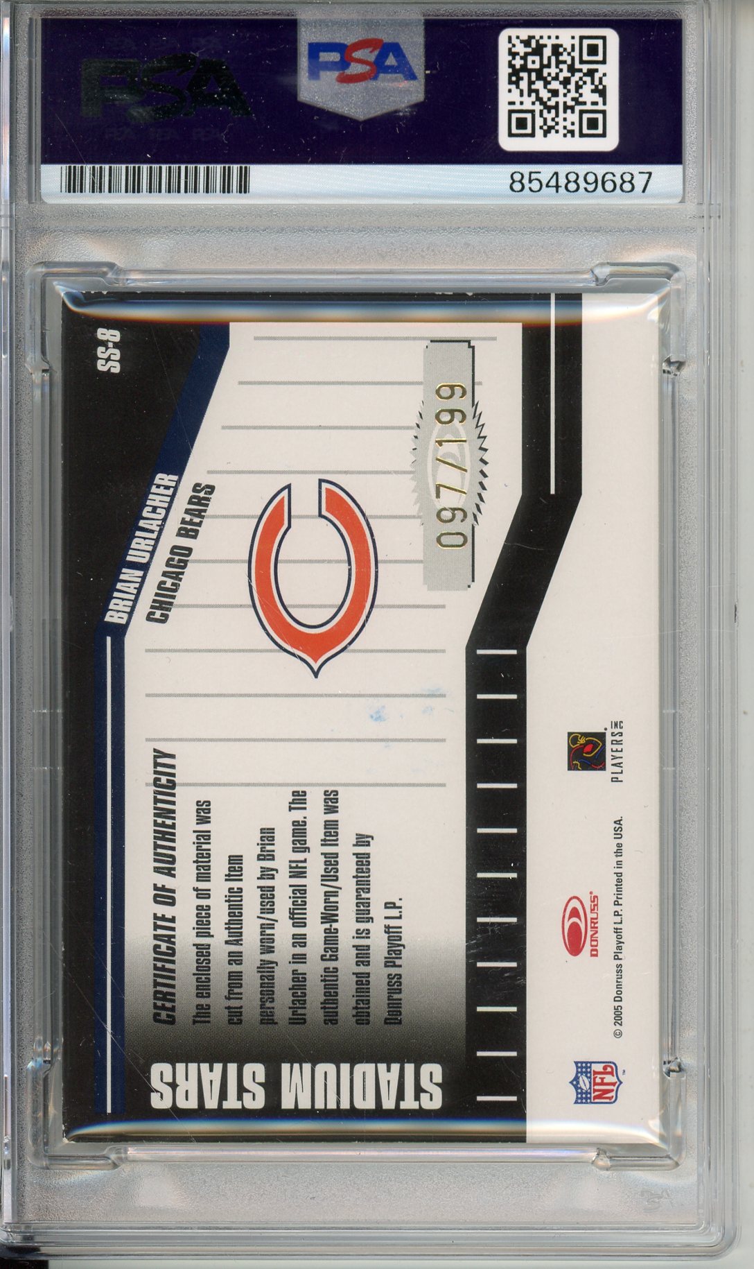 2005 DONRUSS FOOTBALL BRIAN URLACHER #SS-8 GAME-USED PATCH AUTOGRAPH BEARS HOF /199 PSA/DNA