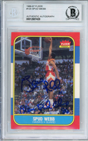 1986-87 FLEER BASKETBALL SPUD WEBB #120 AUTOGRAPH HOF HAWKS WITH 'SLAM DUNK CHAMP 86 INSCRIPTION BECKETT AUTHENTIC
